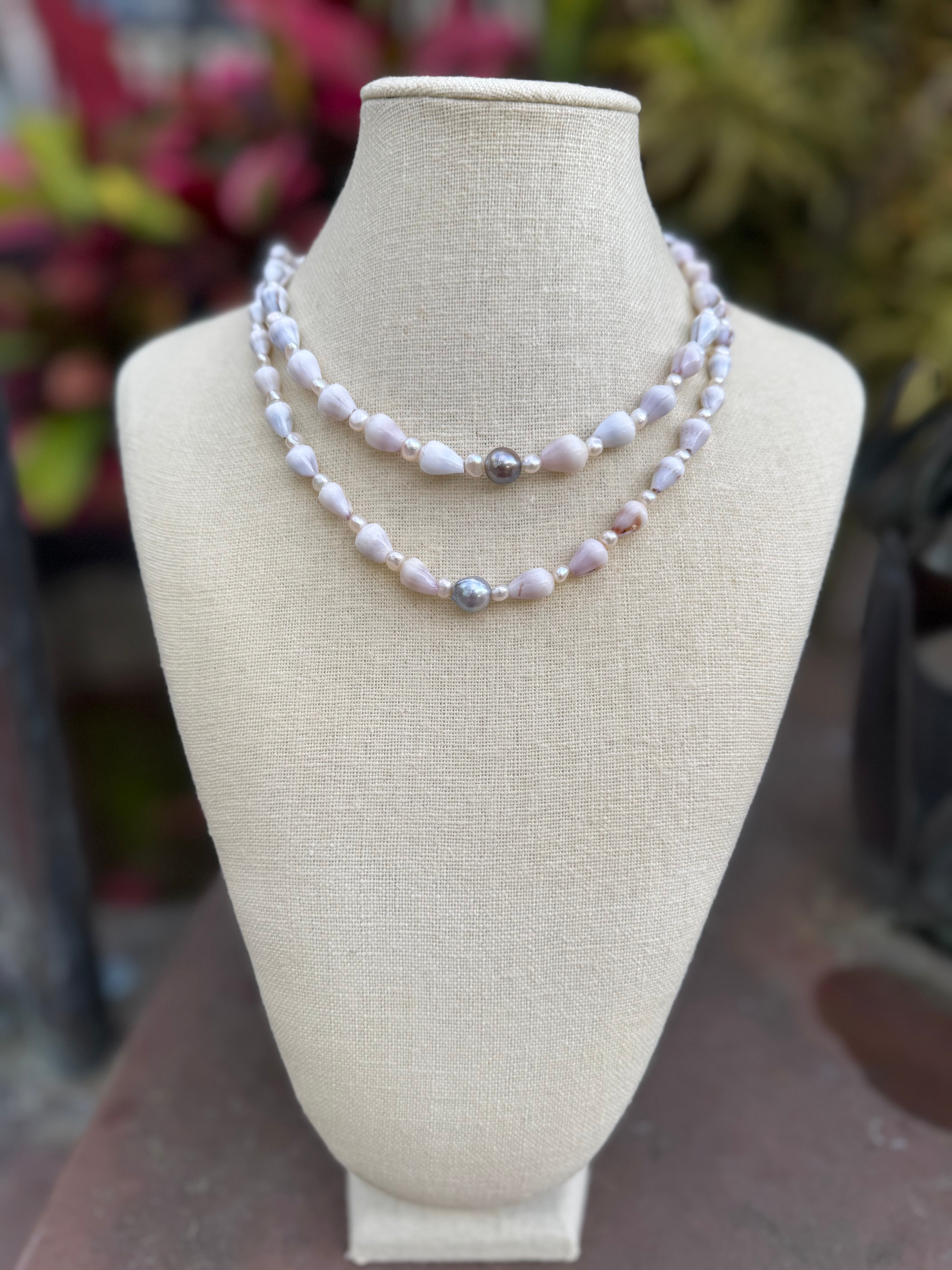 Full Lavendar Cone shell lei with Pearls