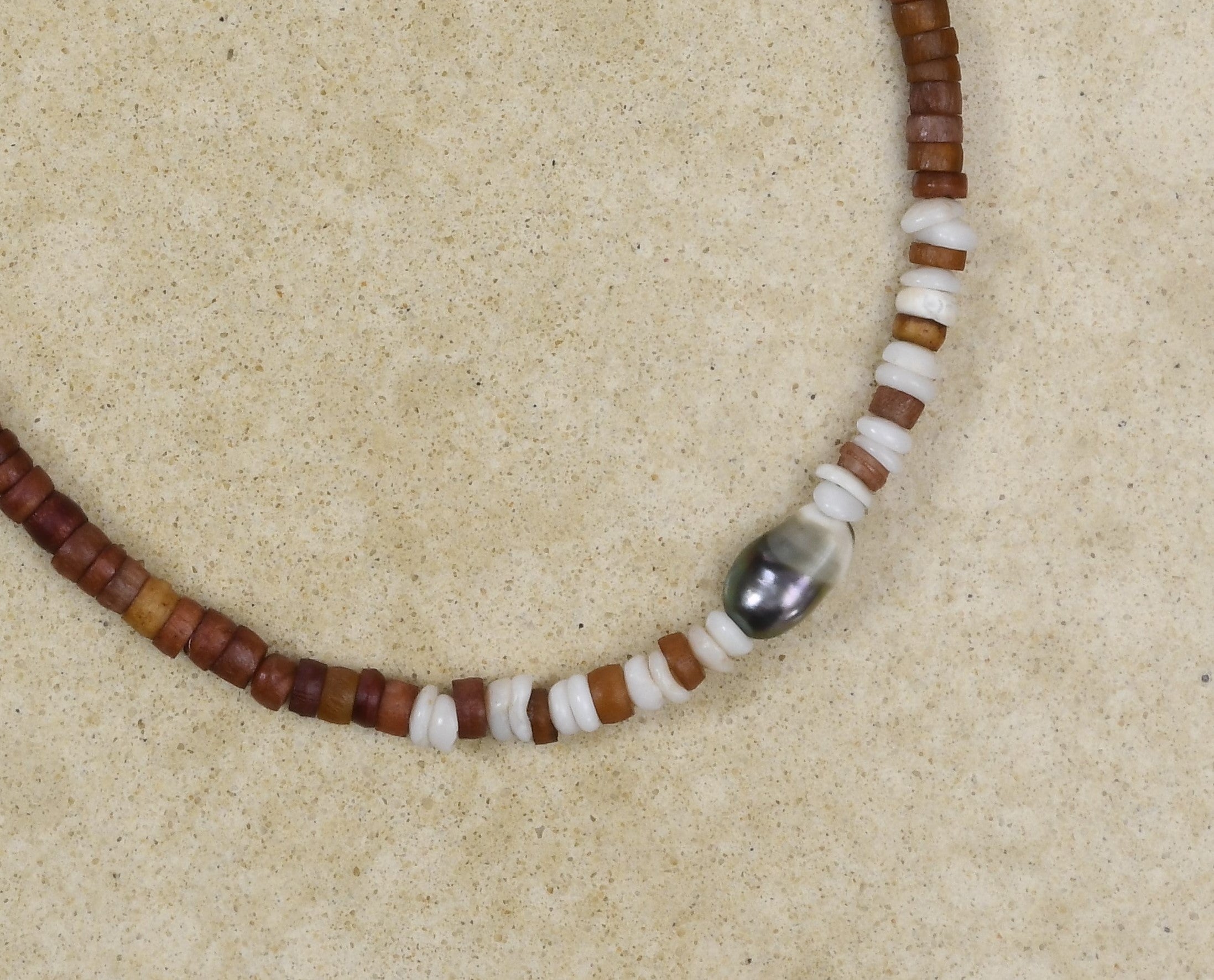 Brown Bone Beads with Keshi Pearls and Pu·ka /ˈpo͞okə