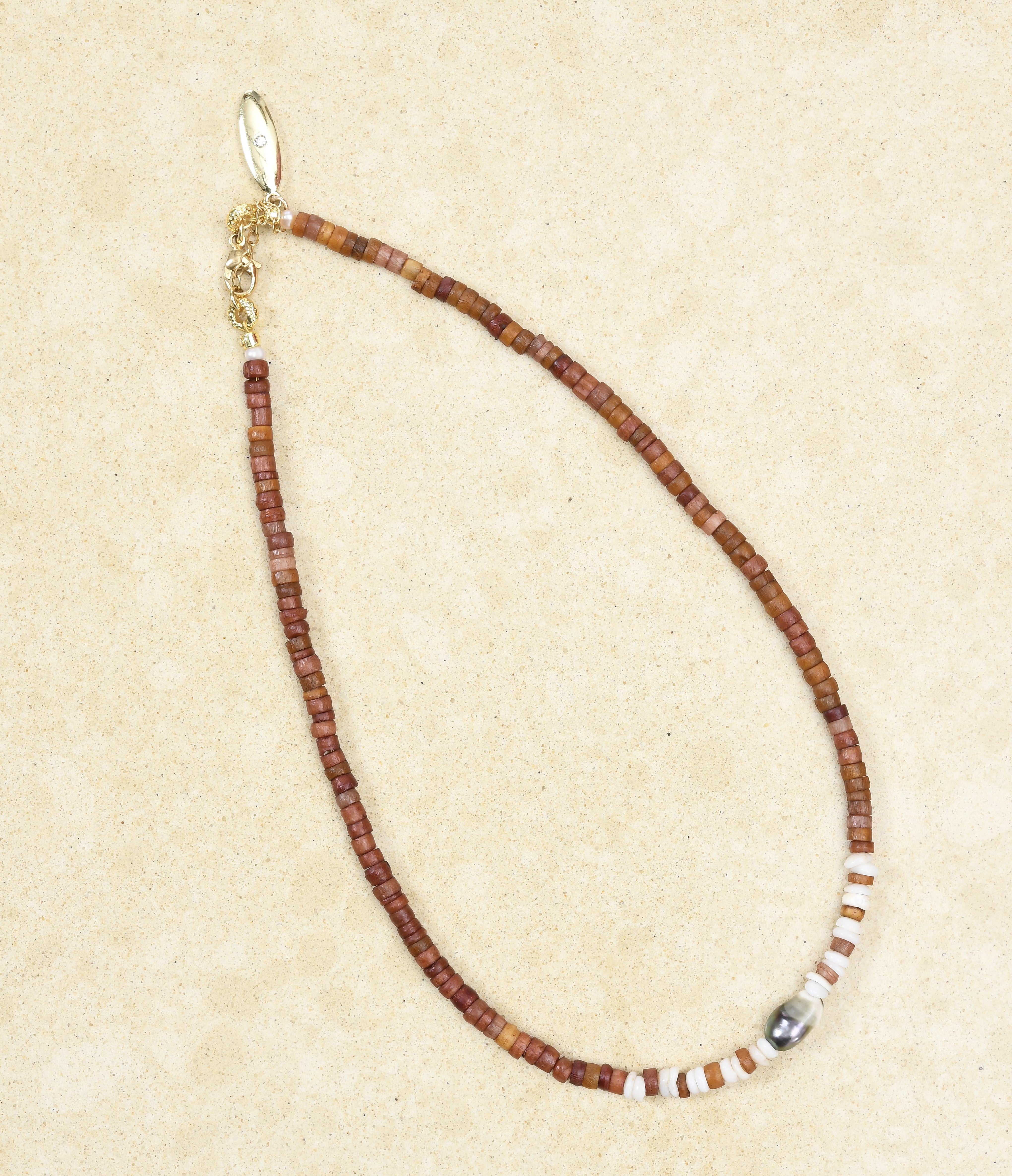 Brown Bone Beads with Keshi Pearls and Pu·ka /ˈpo͞okə