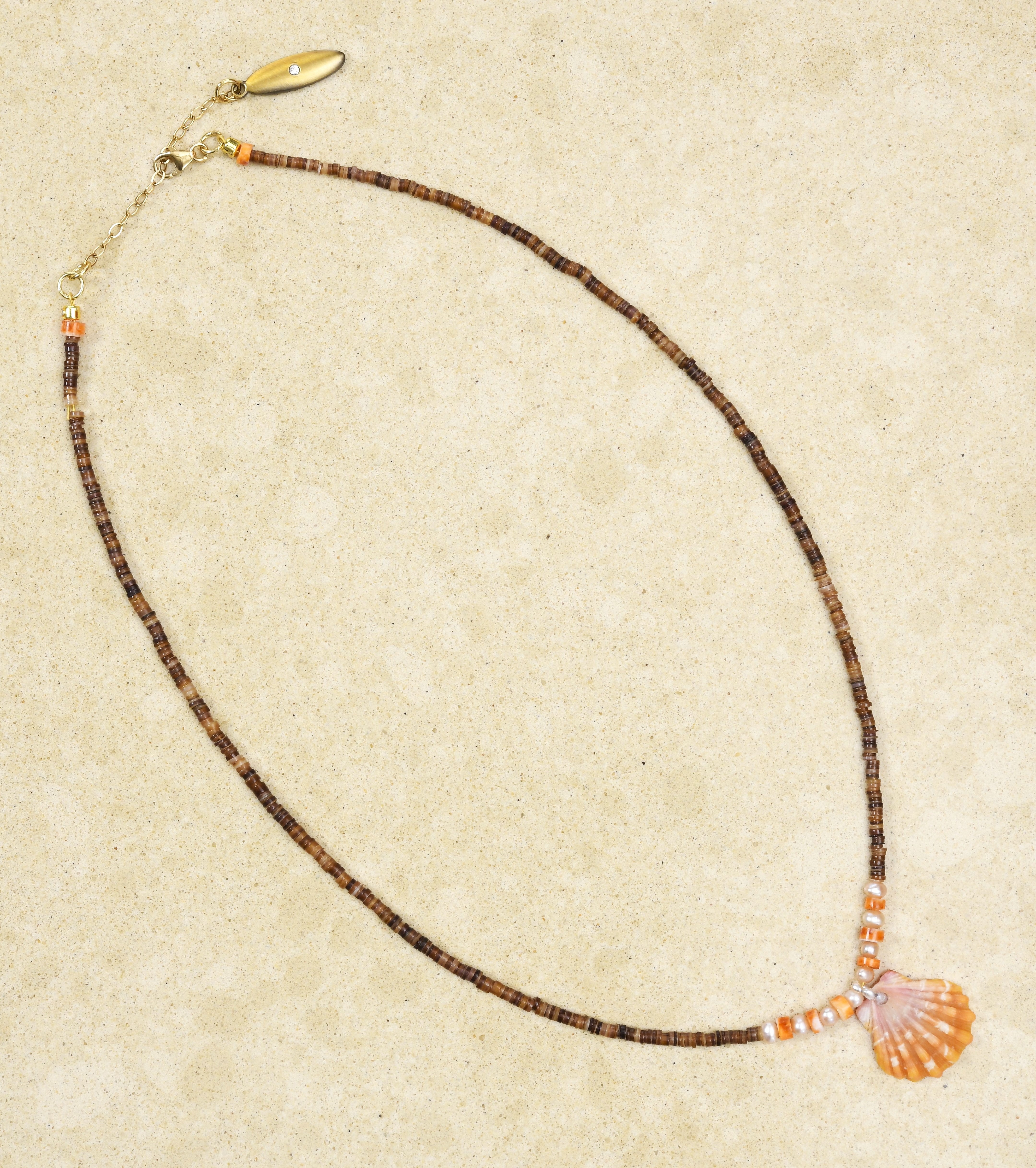 💙Original design Brown Bone Beads with Freshwater Pearls and Sunrise Shell and Spiny Oyster