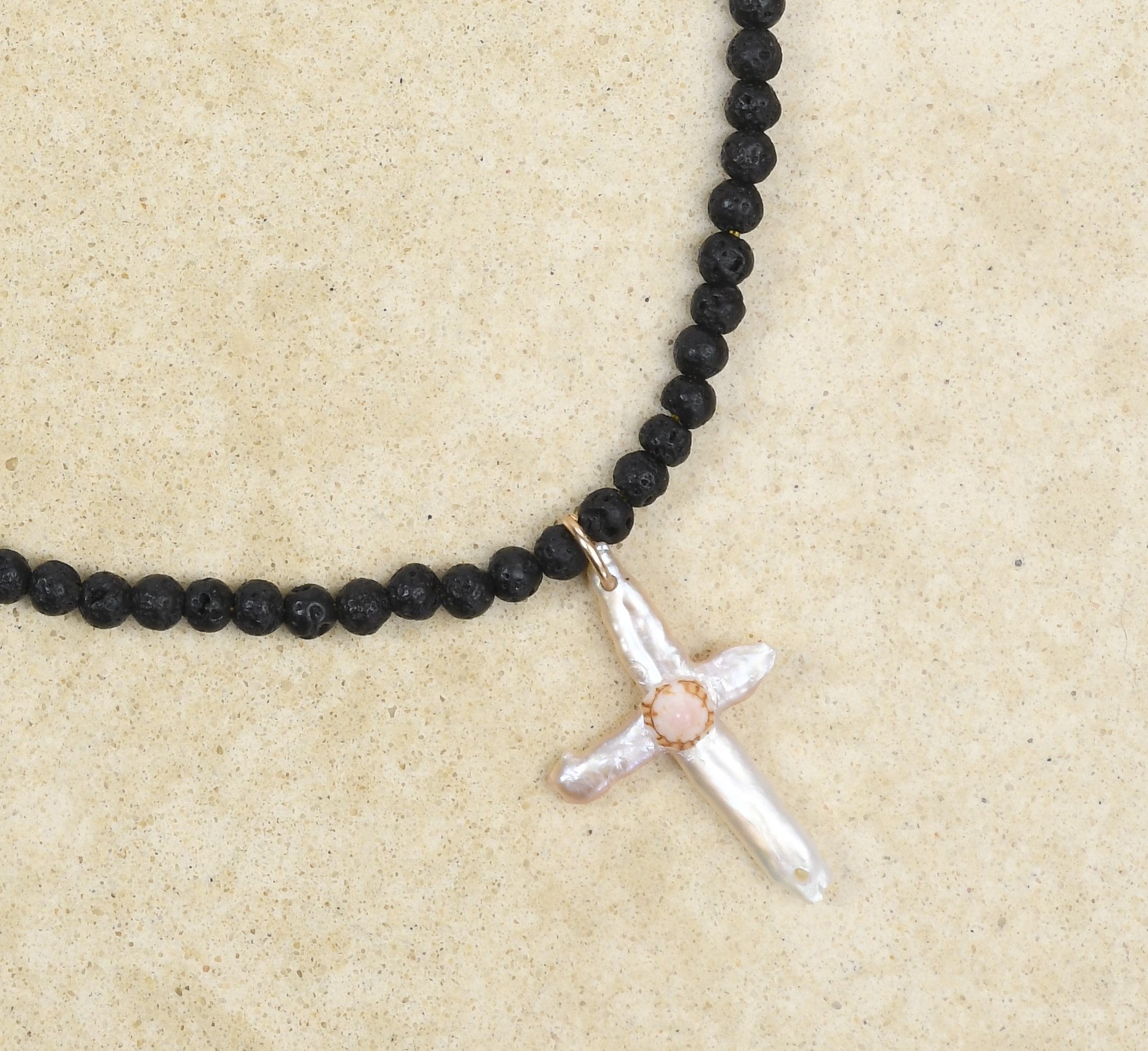Stunning Pearl Cross with Black Lava beads