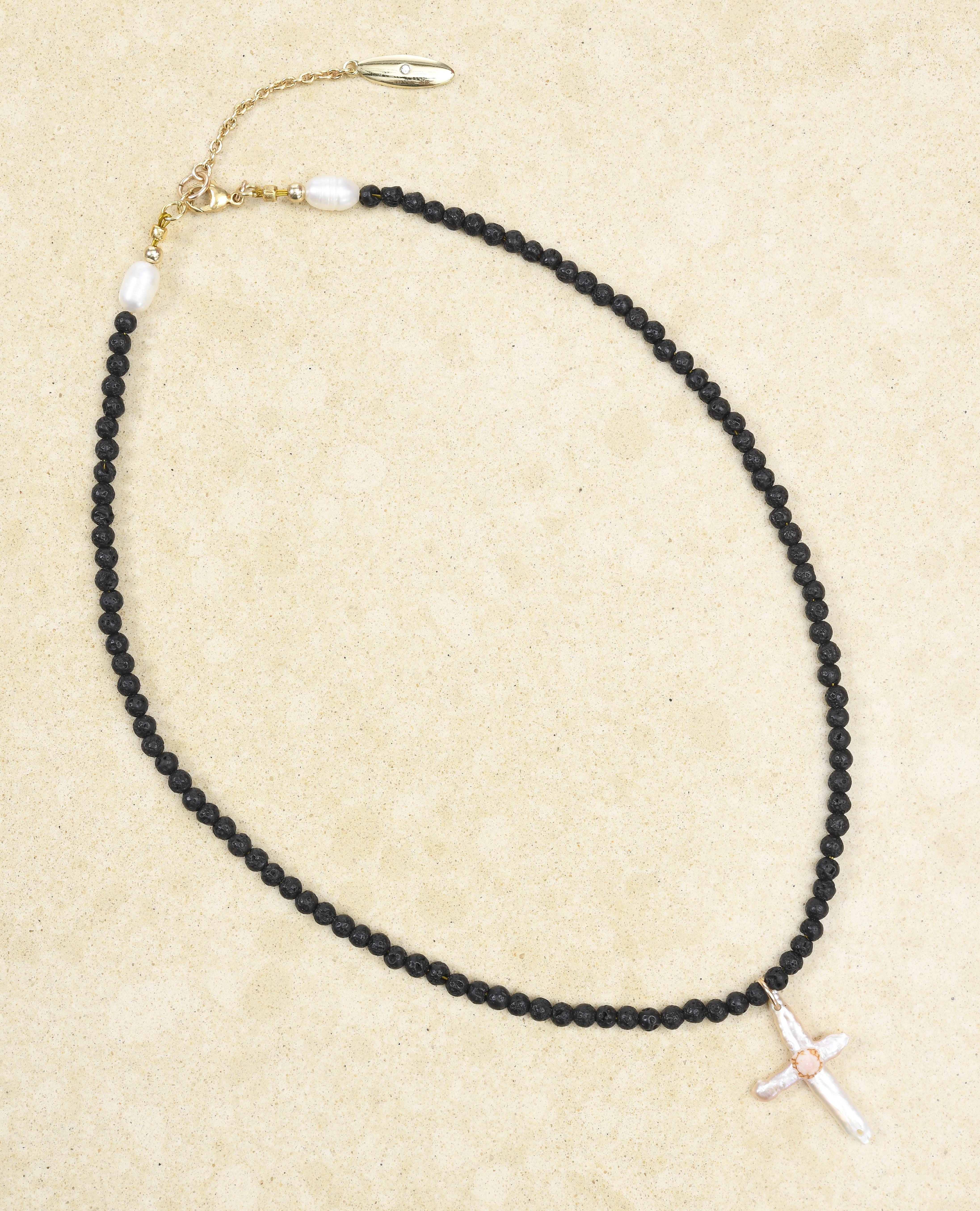 Stunning Pearl Cross with Black Lava beads