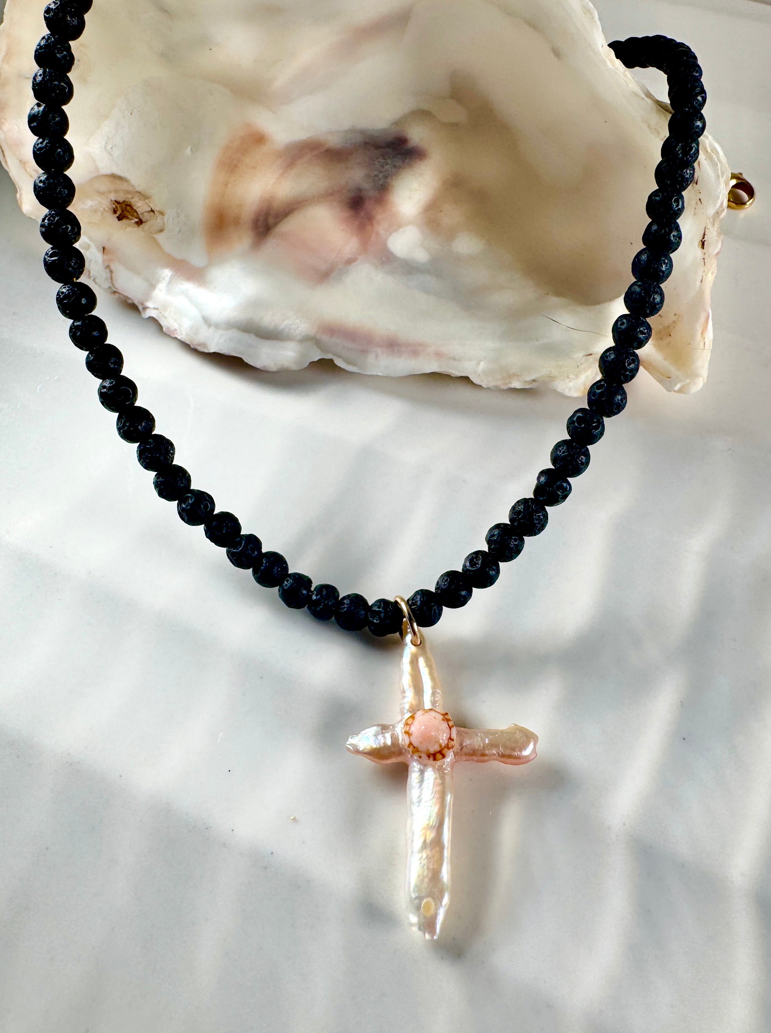 Stunning Pearl Cross with Black Lava beads