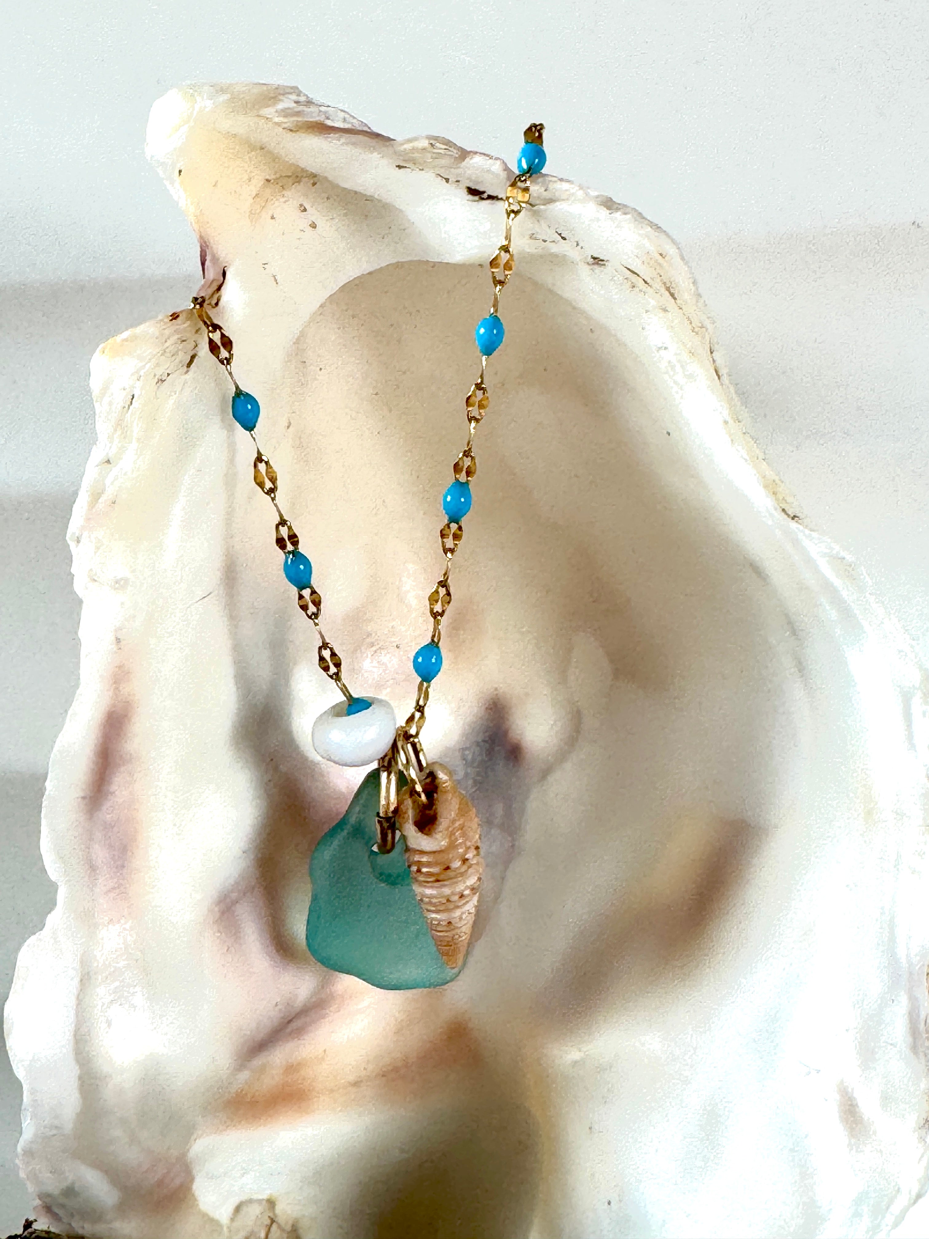 Ocean Trio: Blue Sea Glass & Shells Necklace