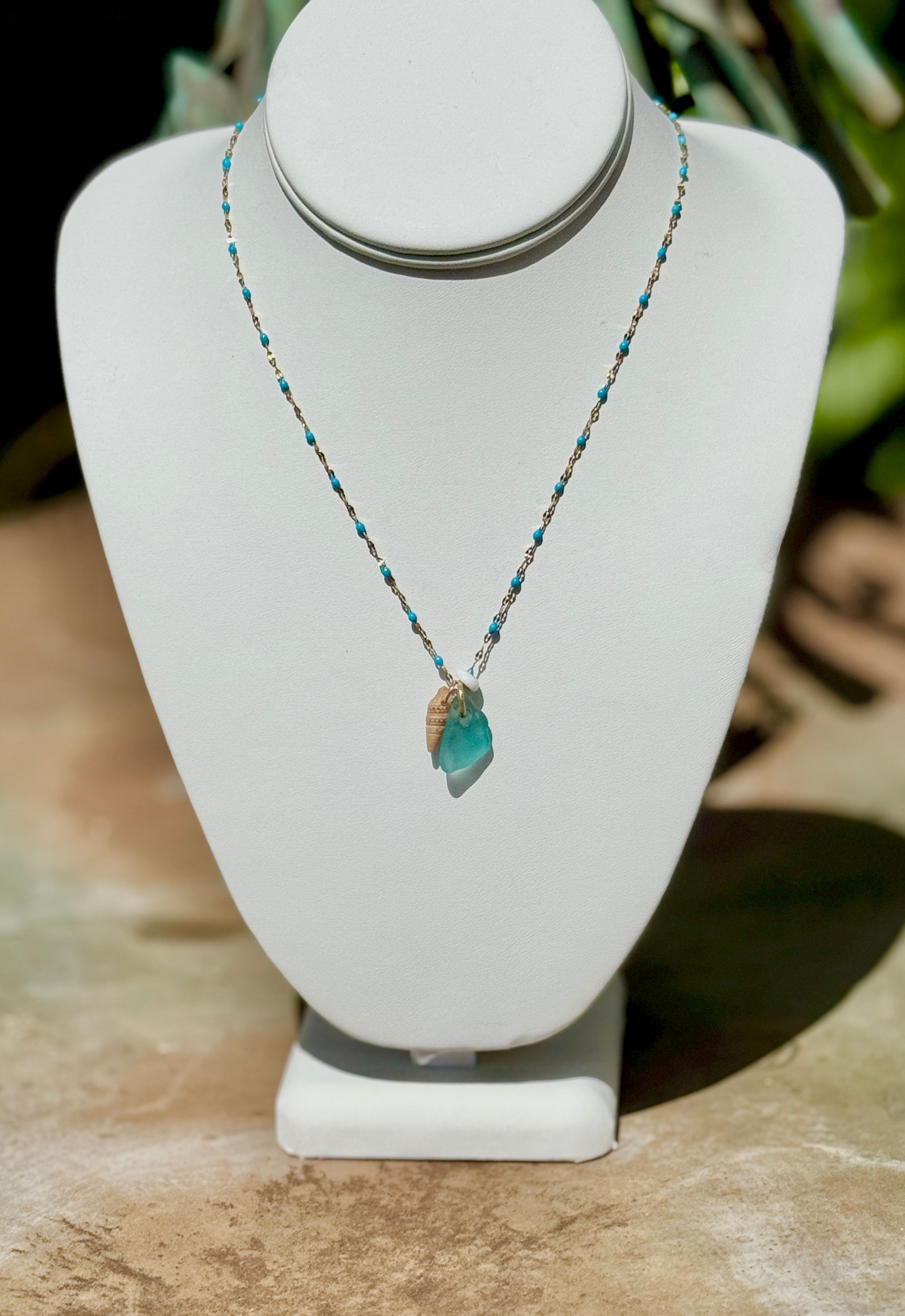 Ocean Trio: Blue Sea Glass & Shells Necklace