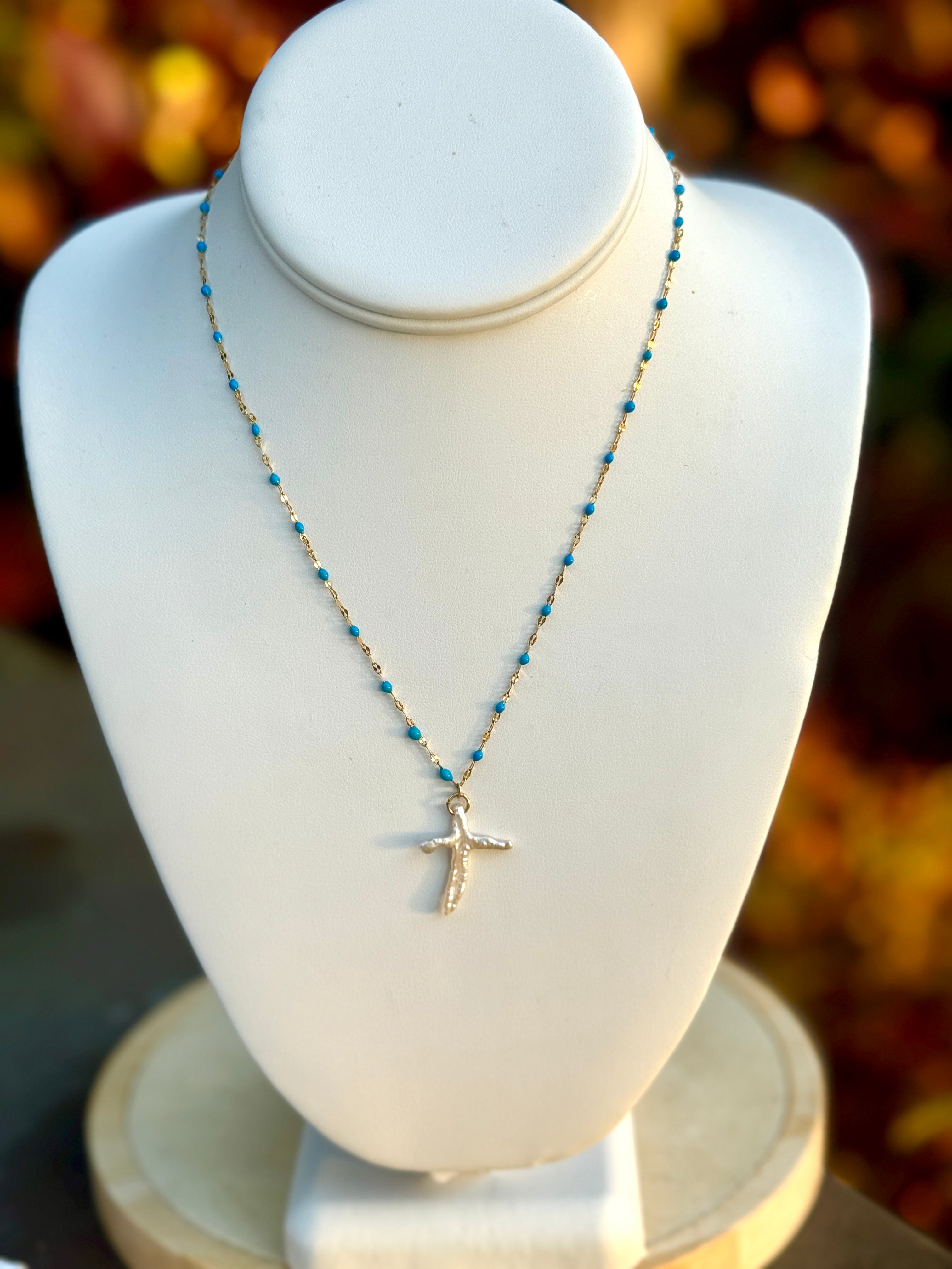 Simple Pearl Cross on Blue Enamel Beaded Chain