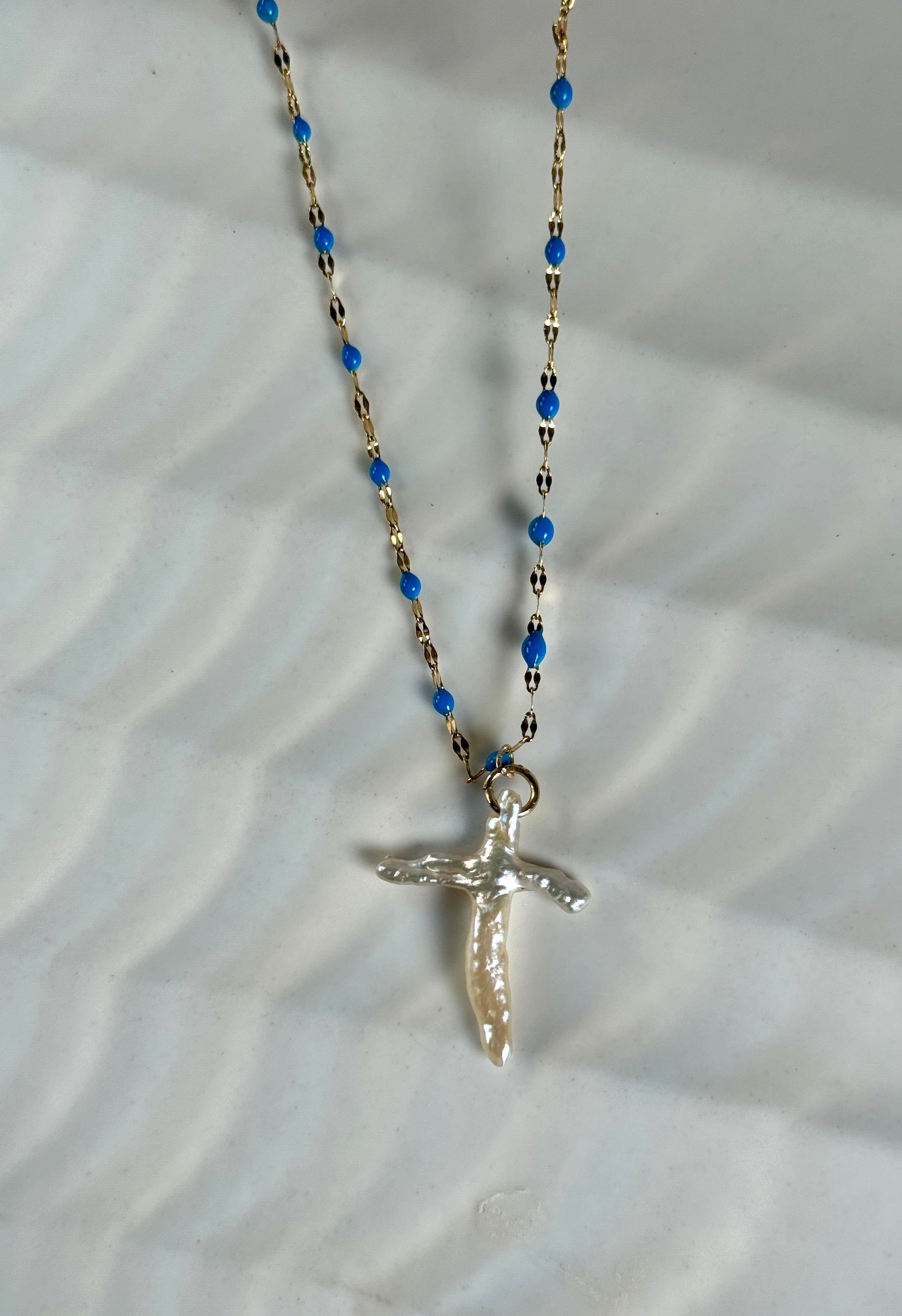 Simple Pearl Cross on Blue Enamel Beaded Chain