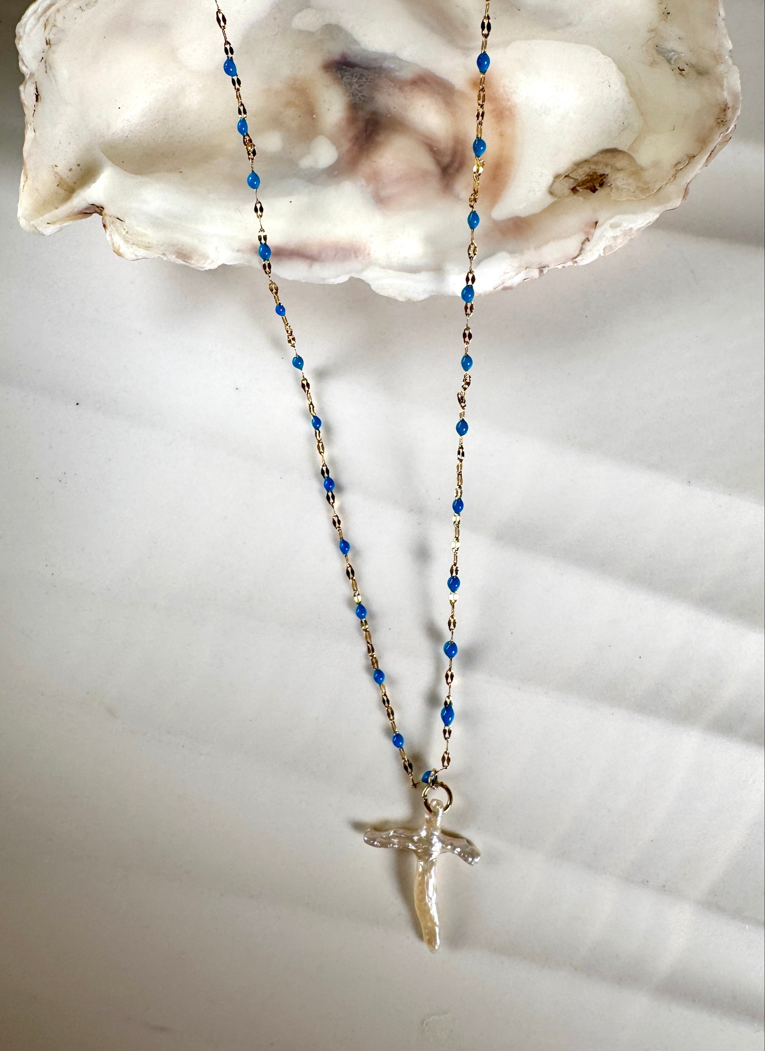 Simple Pearl Cross on Blue Enamel Beaded Chain