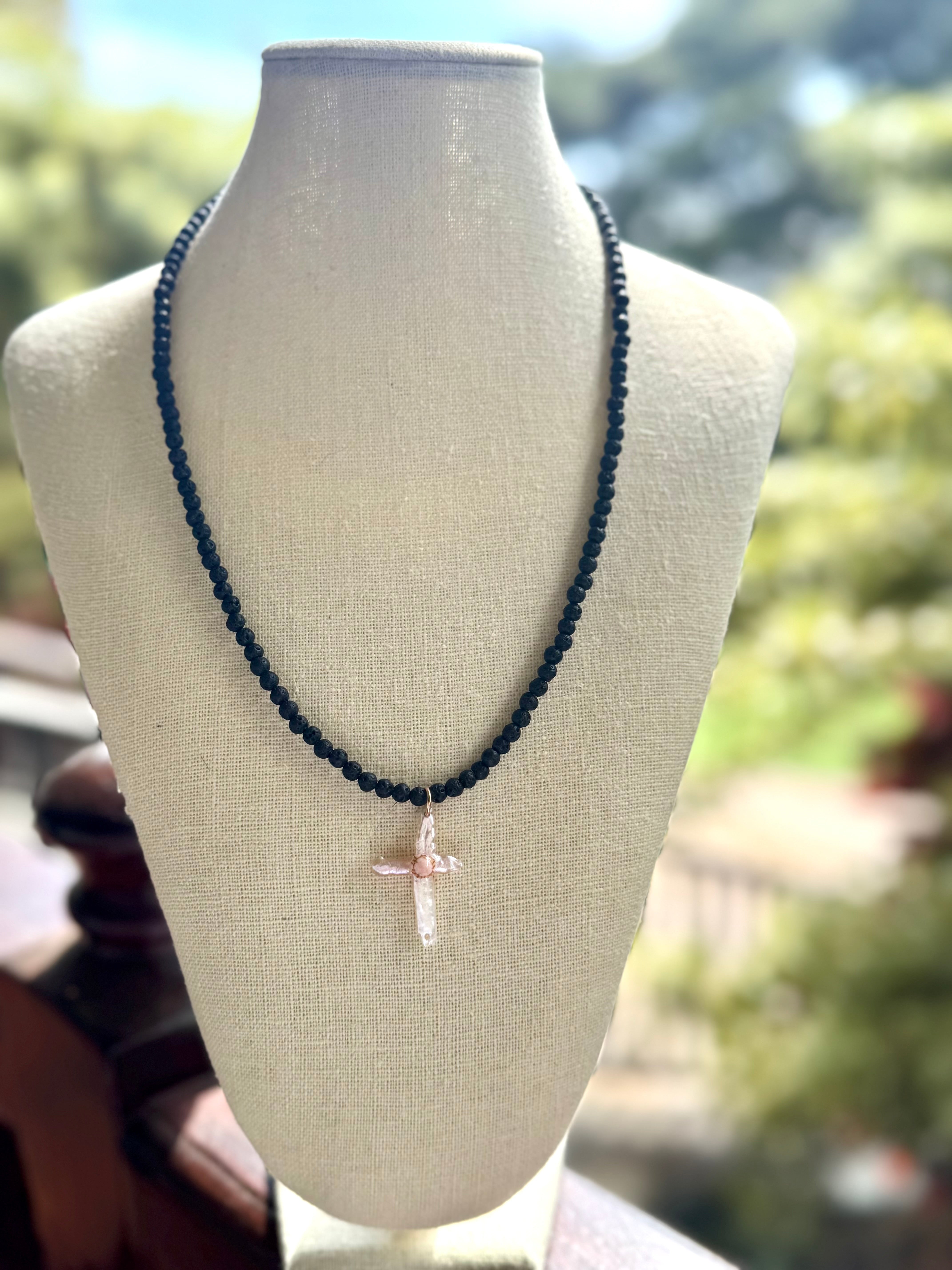 Stunning Pearl Cross with Black Lava beads