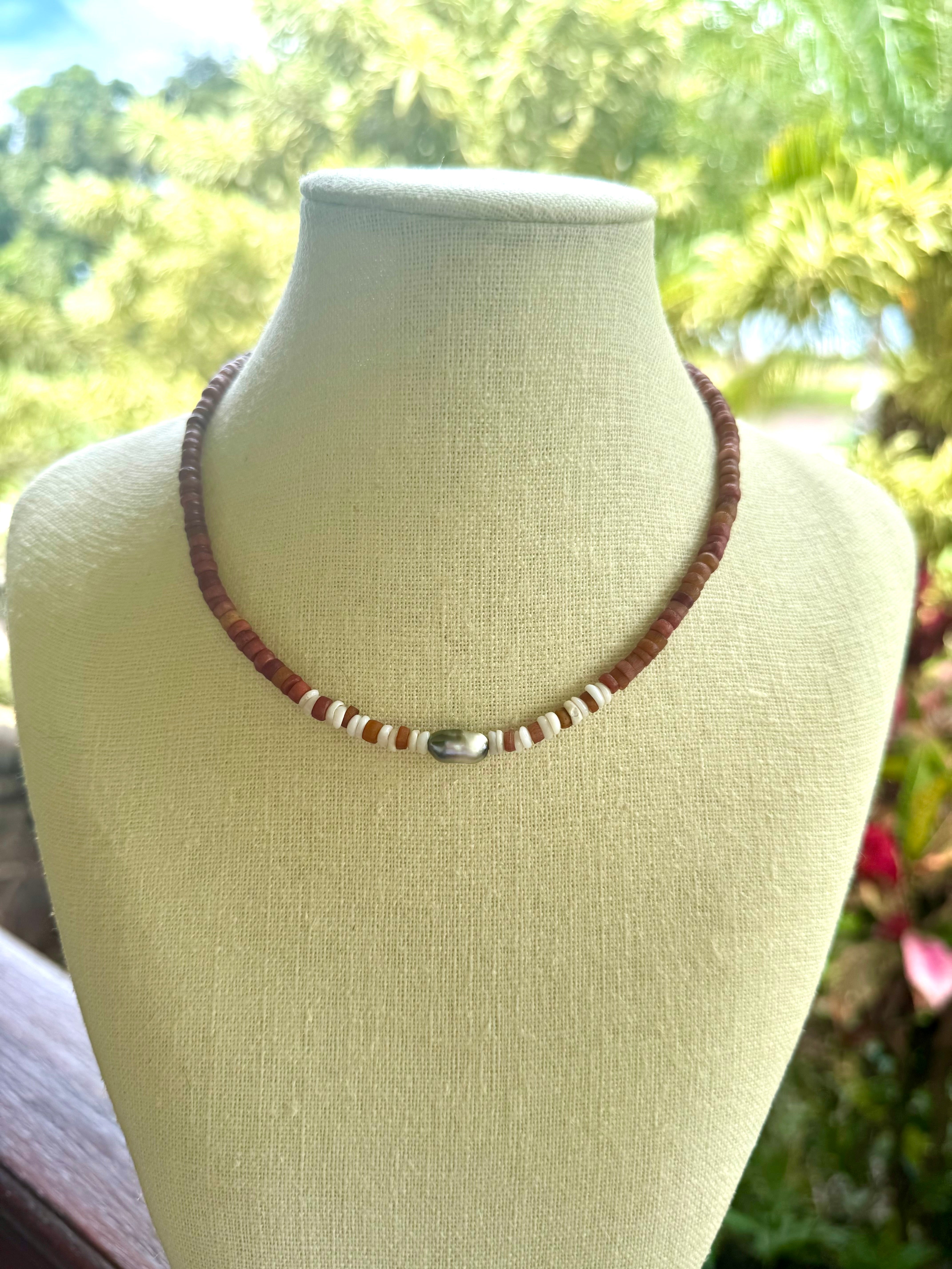 Brown Bone Beads with Keshi Pearls and Pu·ka /ˈpo͞okə