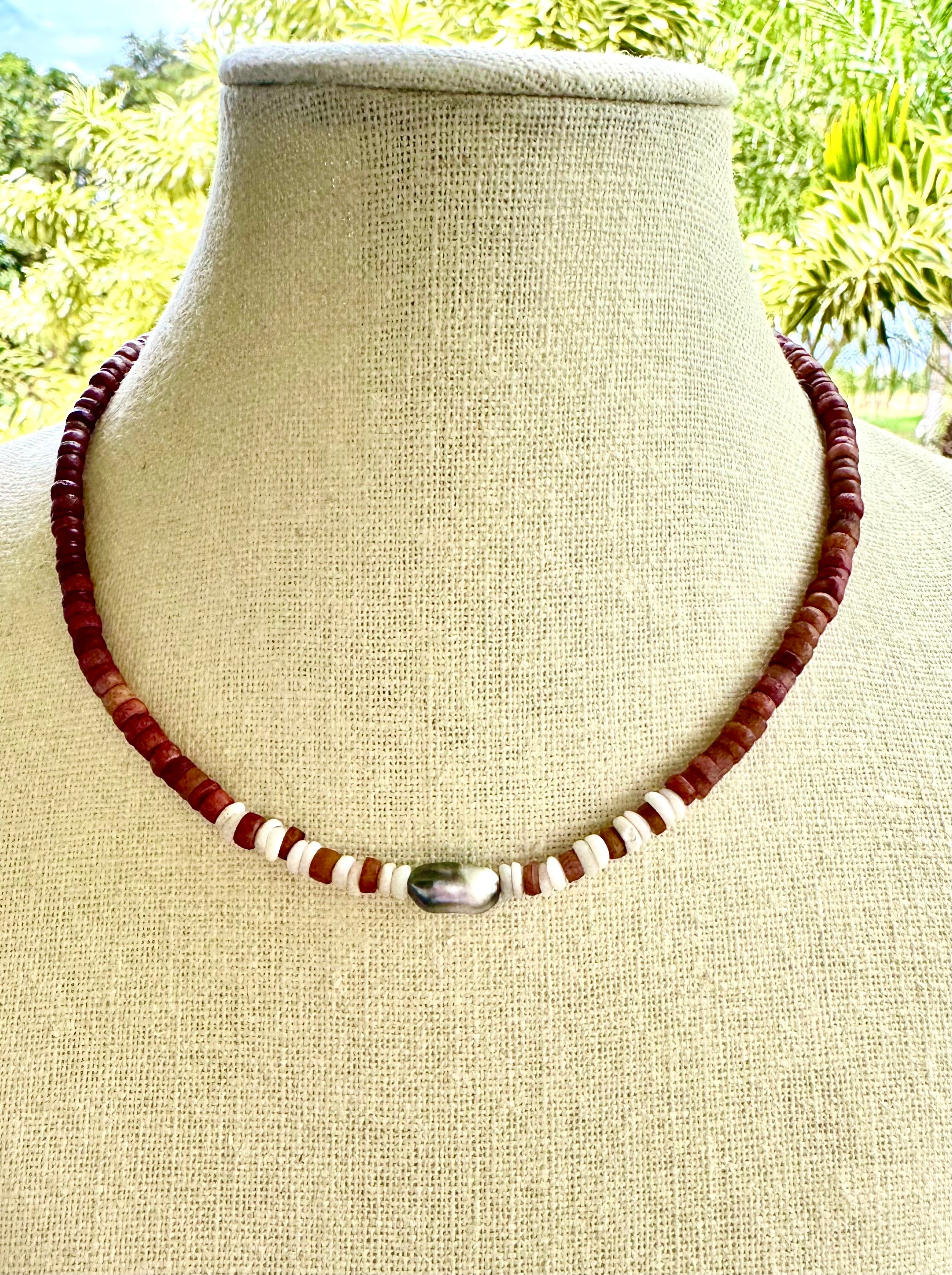 Brown Bone Beads with Keshi Pearls and Pu·ka /ˈpo͞okə