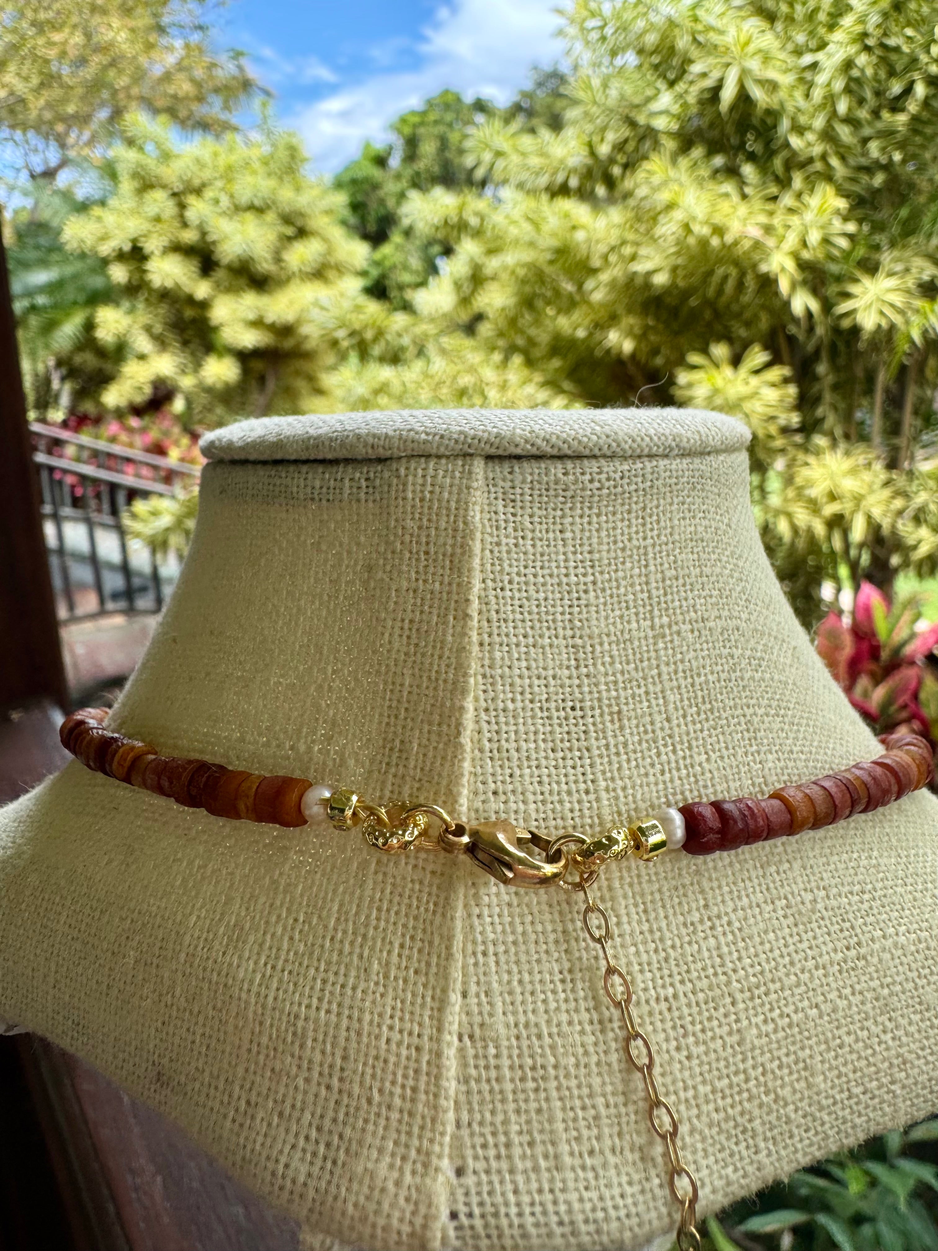 Brown Bone Beads with Keshi Pearls and Pu·ka /ˈpo͞okə