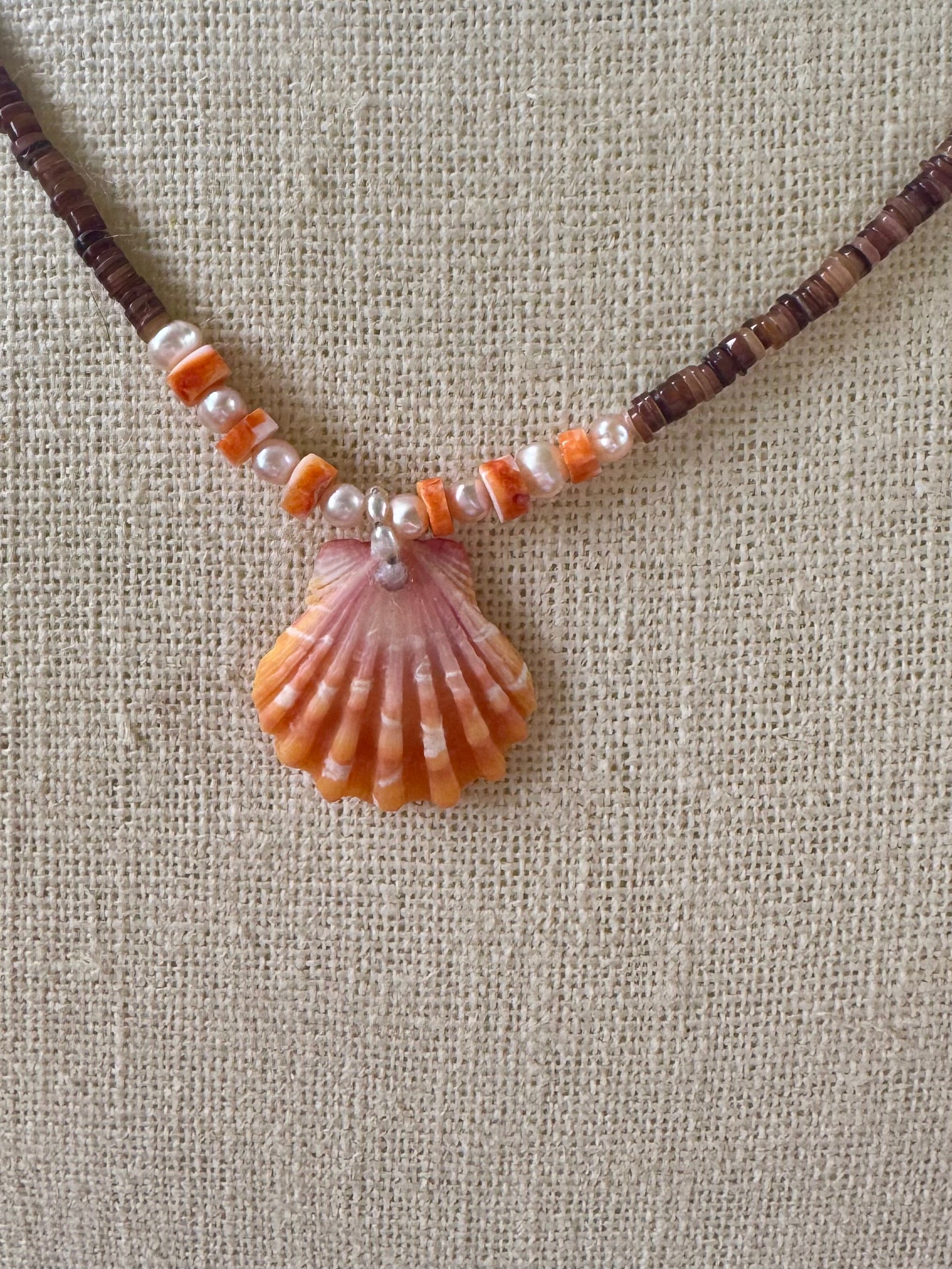 💙Original design Brown Bone Beads with Freshwater Pearls and Sunrise Shell and Spiny Oyster