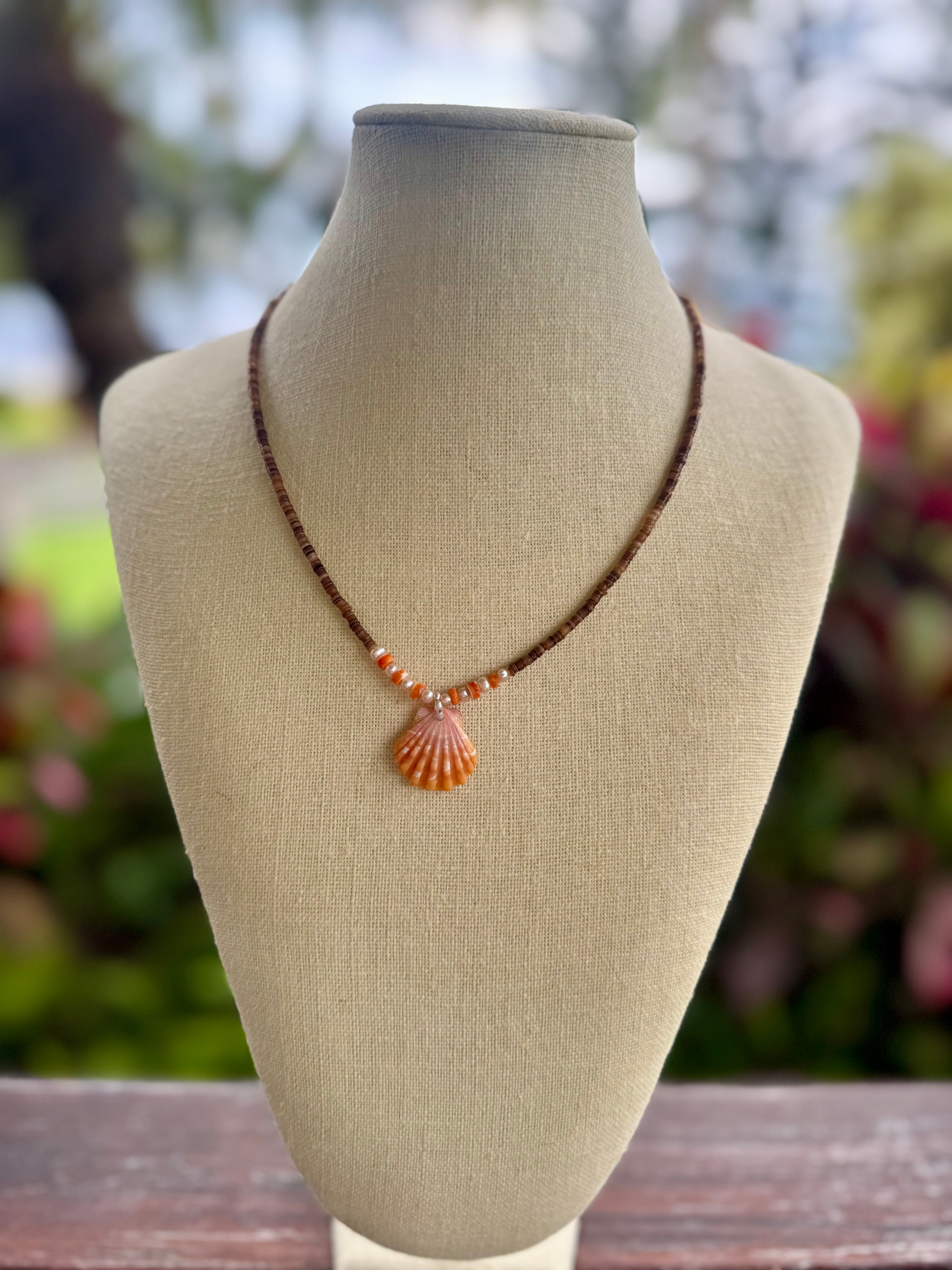 💙Original design Brown Bone Beads with Freshwater Pearls and Sunrise Shell and Spiny Oyster