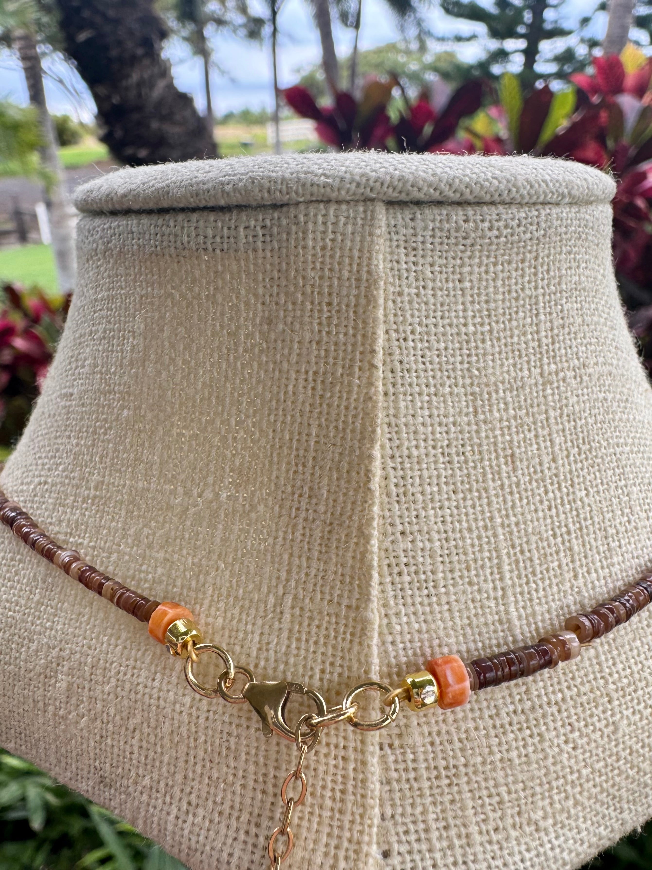 💙Original design Brown Bone Beads with Freshwater Pearls and Sunrise Shell and Spiny Oyster