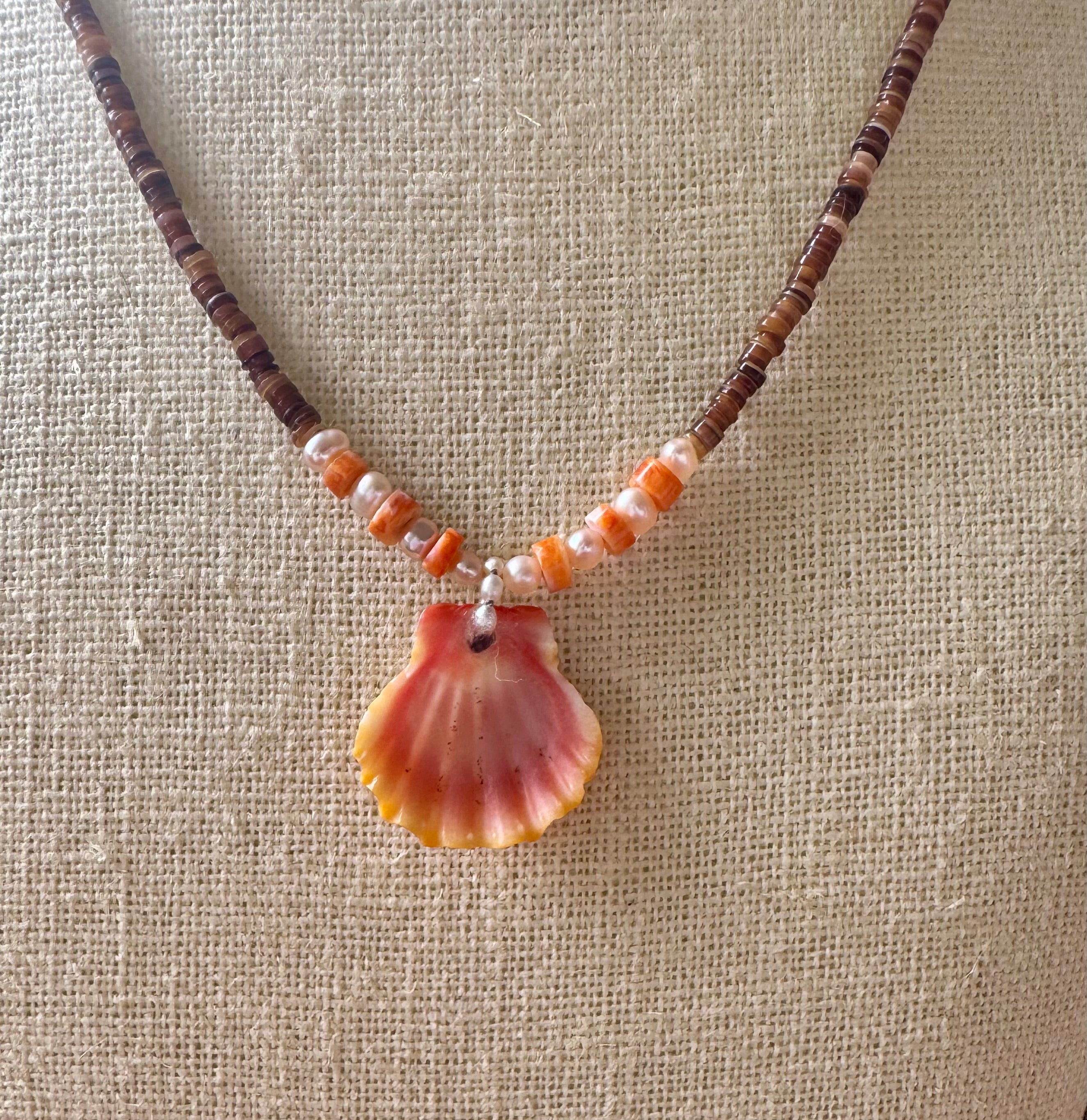 💙Original design Brown Bone Beads with Freshwater Pearls and Sunrise Shell and Spiny Oyster