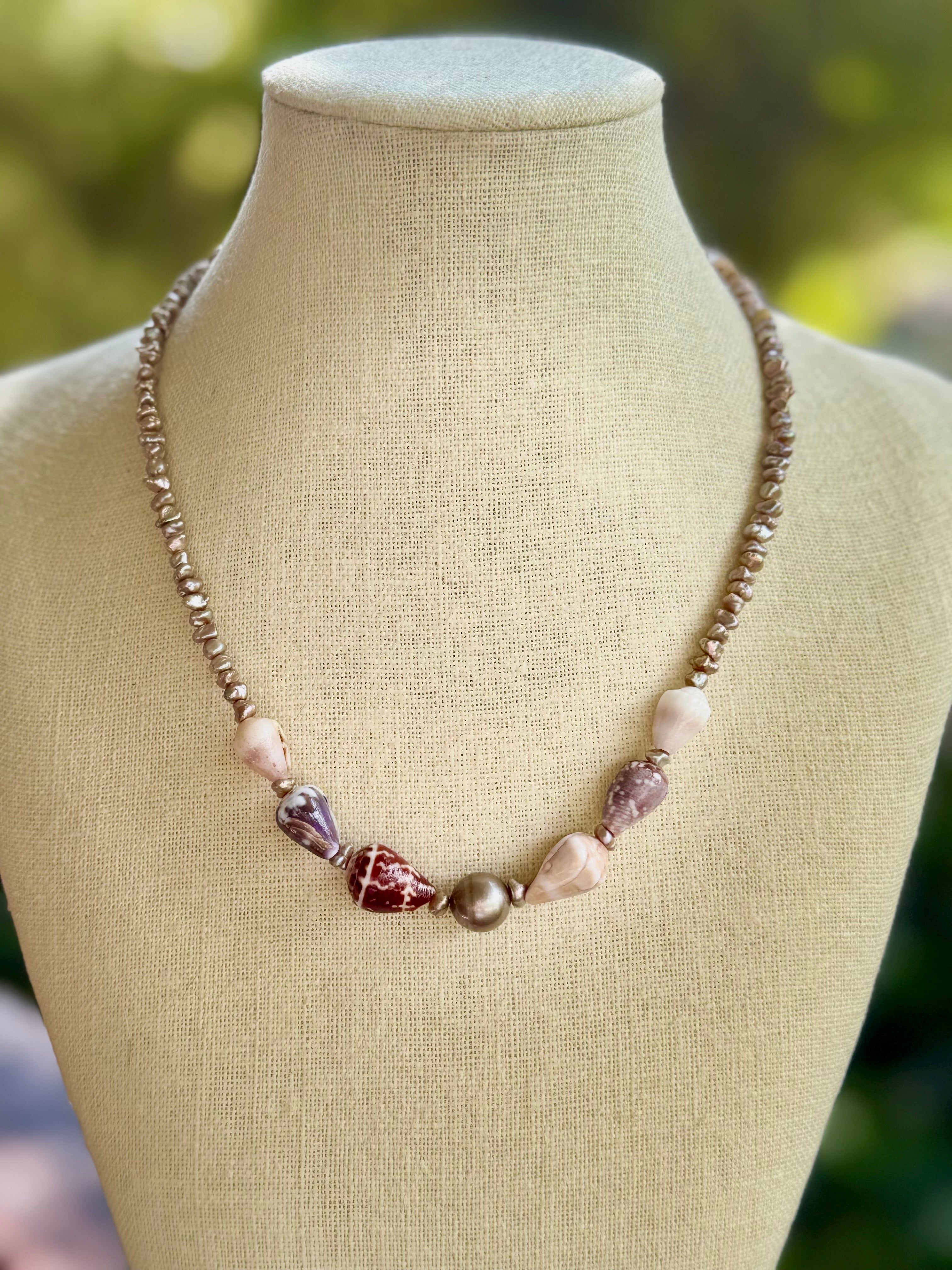Hapa Cone shell lei with Taupe Pearls