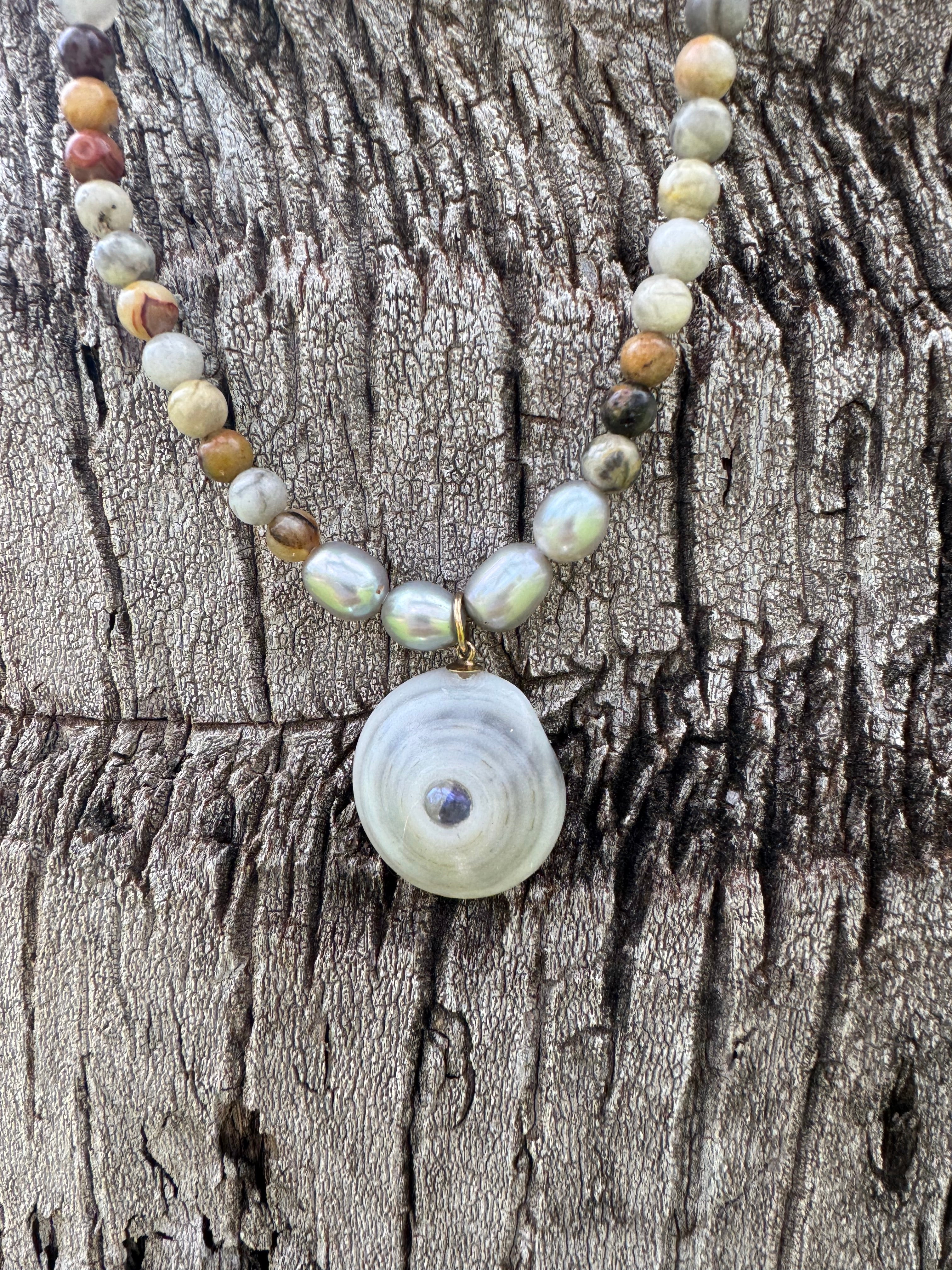 💙Original design Moonstone Pu·ka /ˈpo͞okə with Jasper stone beads and pearls