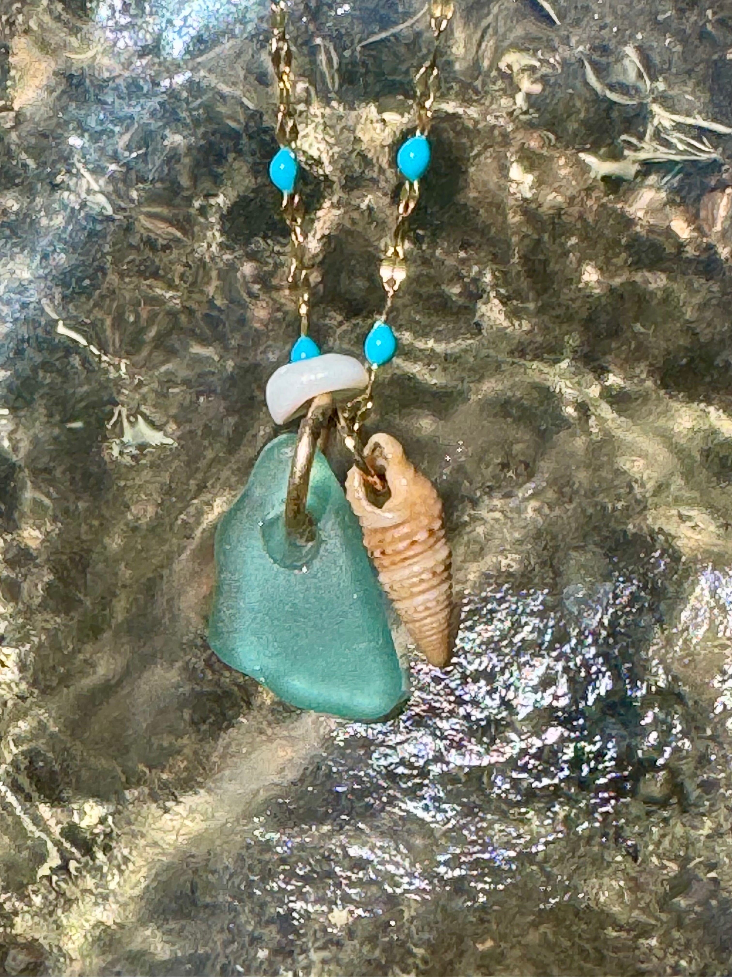 Ocean Trio: Blue Sea Glass & Shells Necklace
