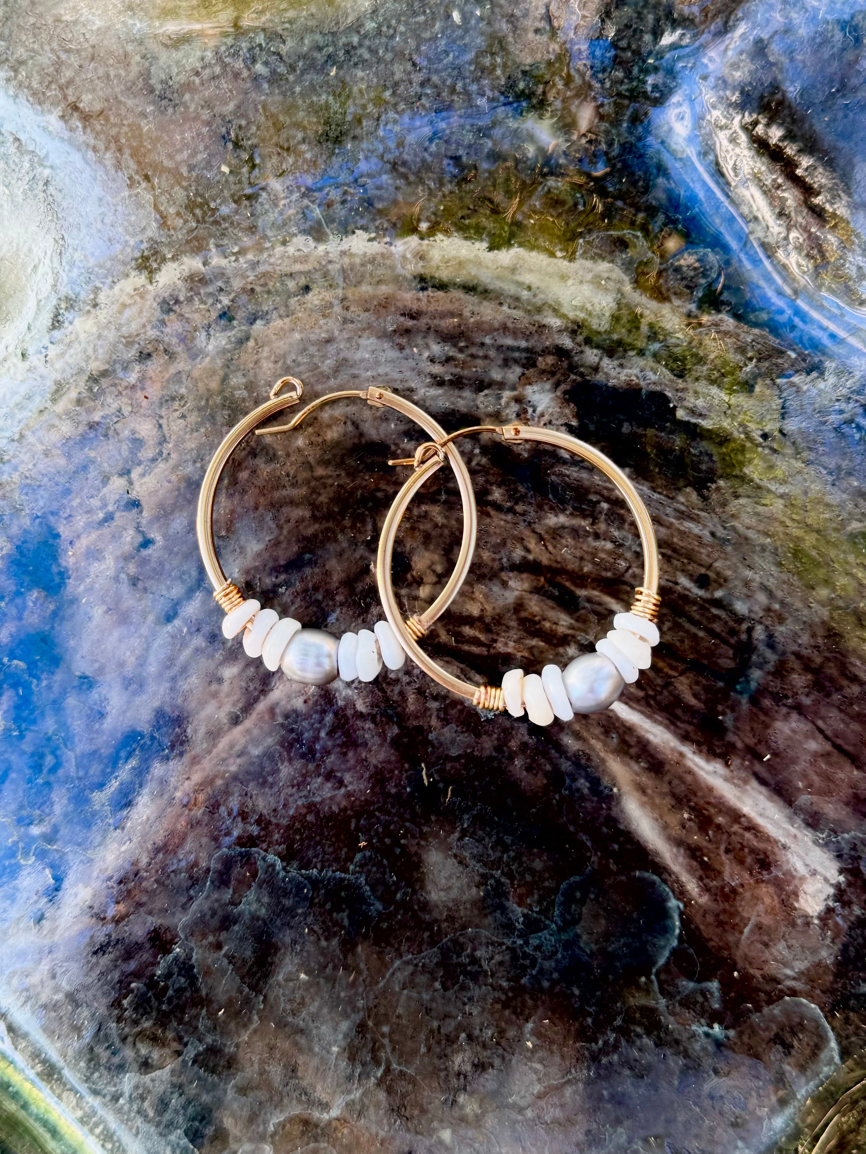Pukas and Silver Pearl Earrings