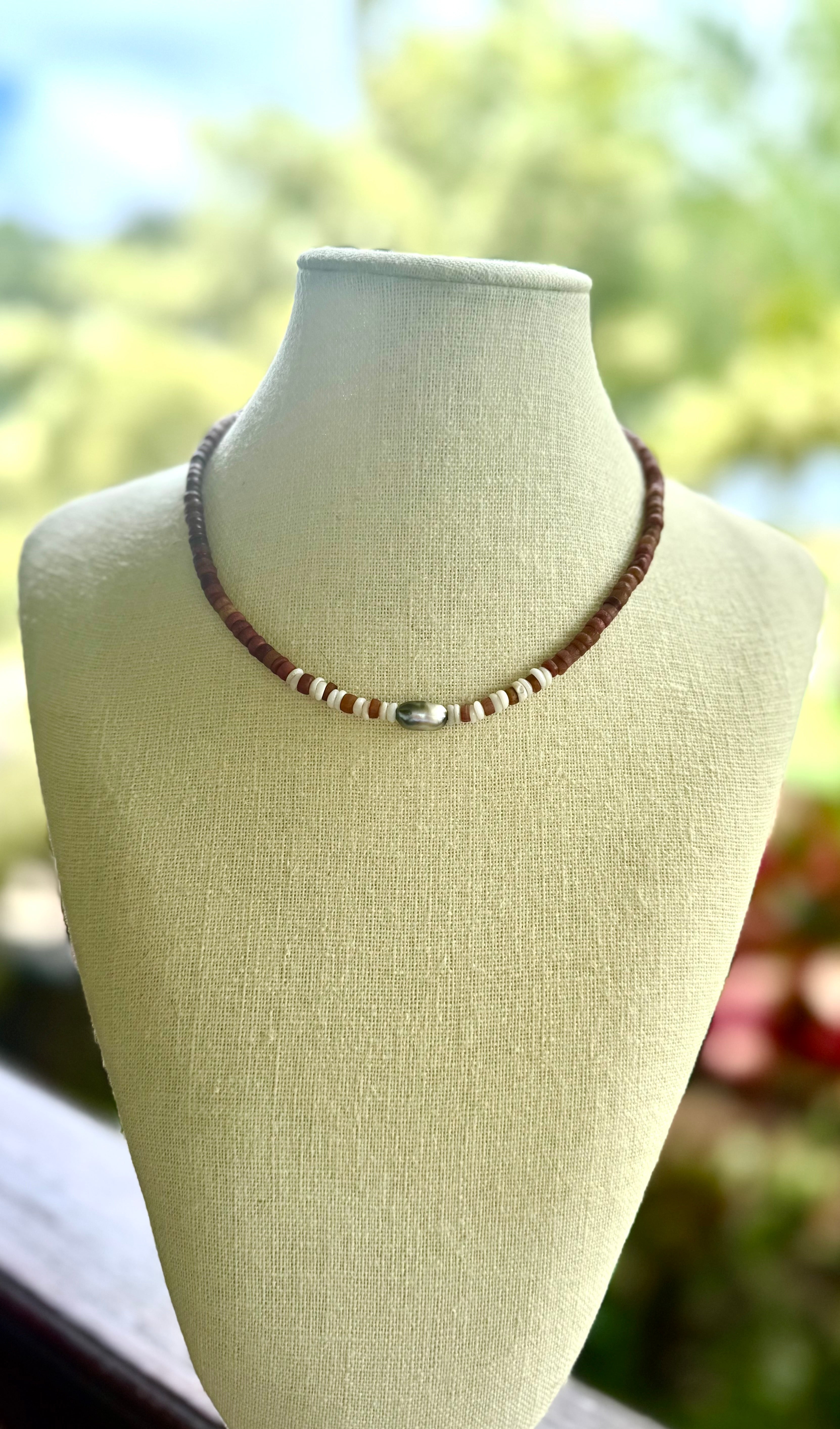 Brown Bone Beads with Keshi Pearls and  Pu·ka /ˈpo͞okə