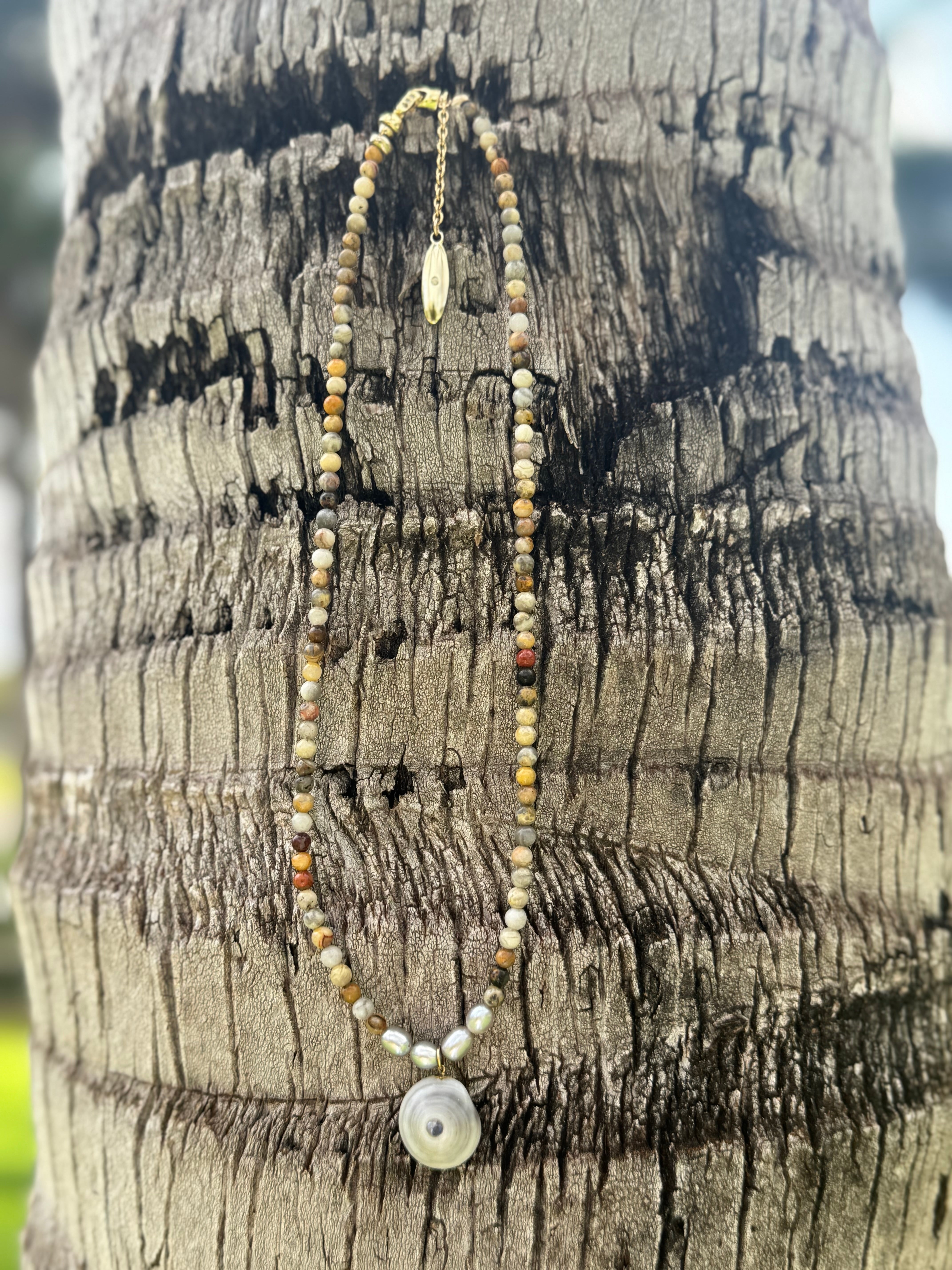 💙Original design Moonstone Pu·ka /ˈpo͞okə with Jasper stone beads and pearls