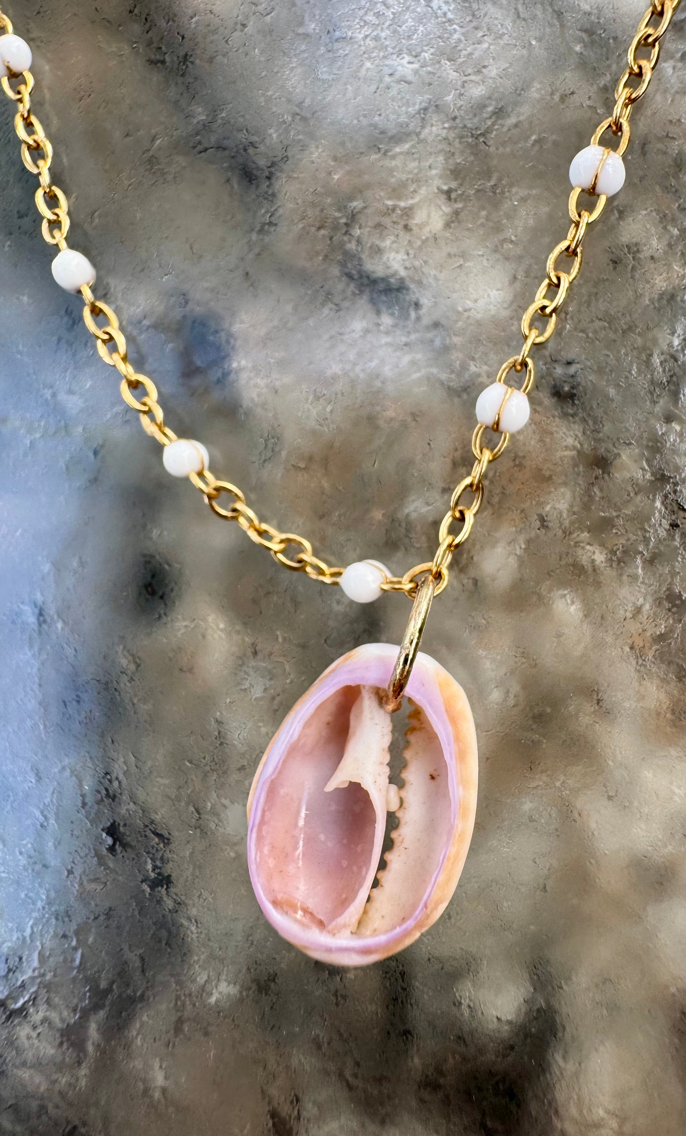 "3 Little Shells" Anklet featuring pale blue glass, brown baby cone shell and purple tinged cowry teeth
