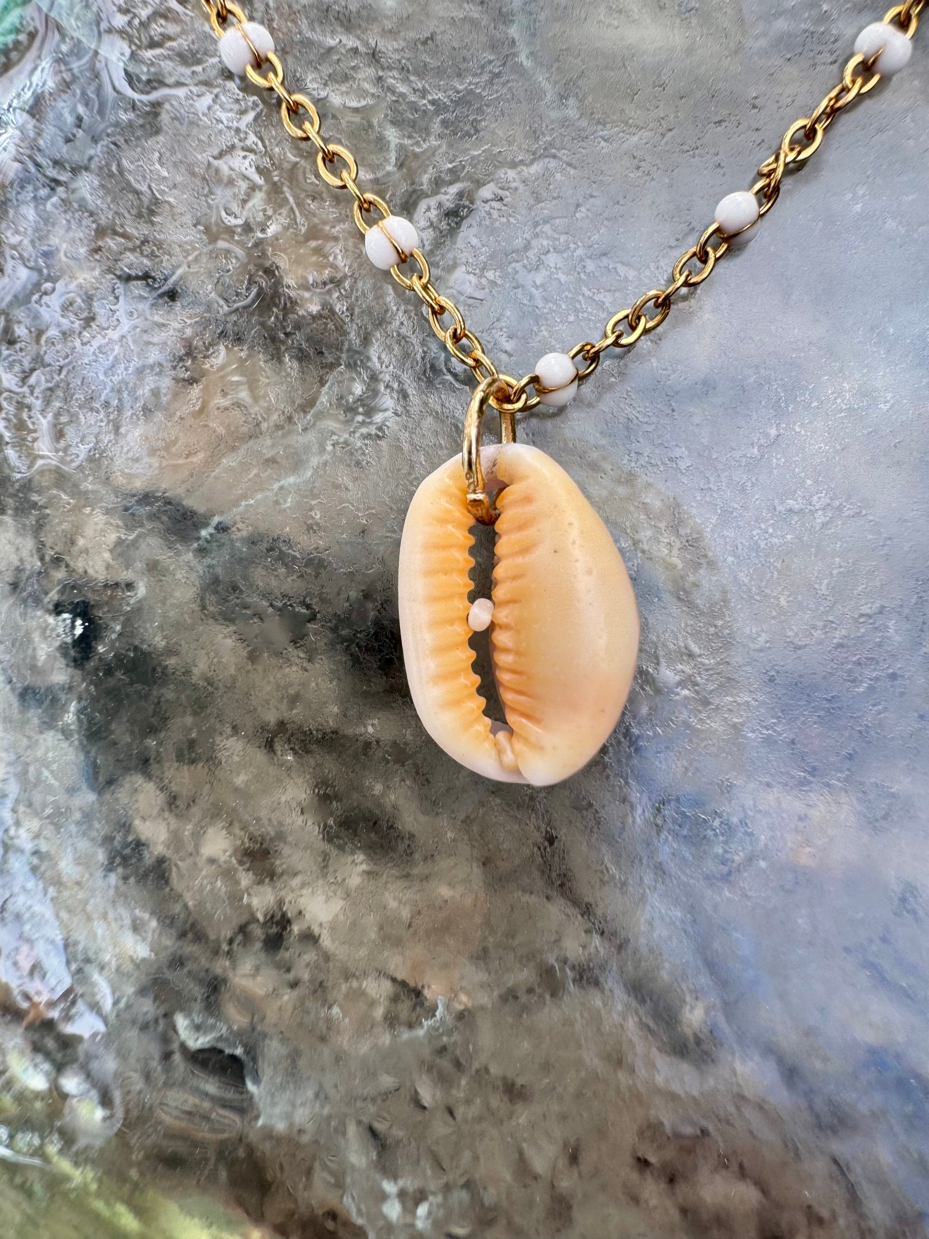 "3 Little Shells" Anklet featuring pale blue glass, brown baby cone shell and purple tinged cowry teeth