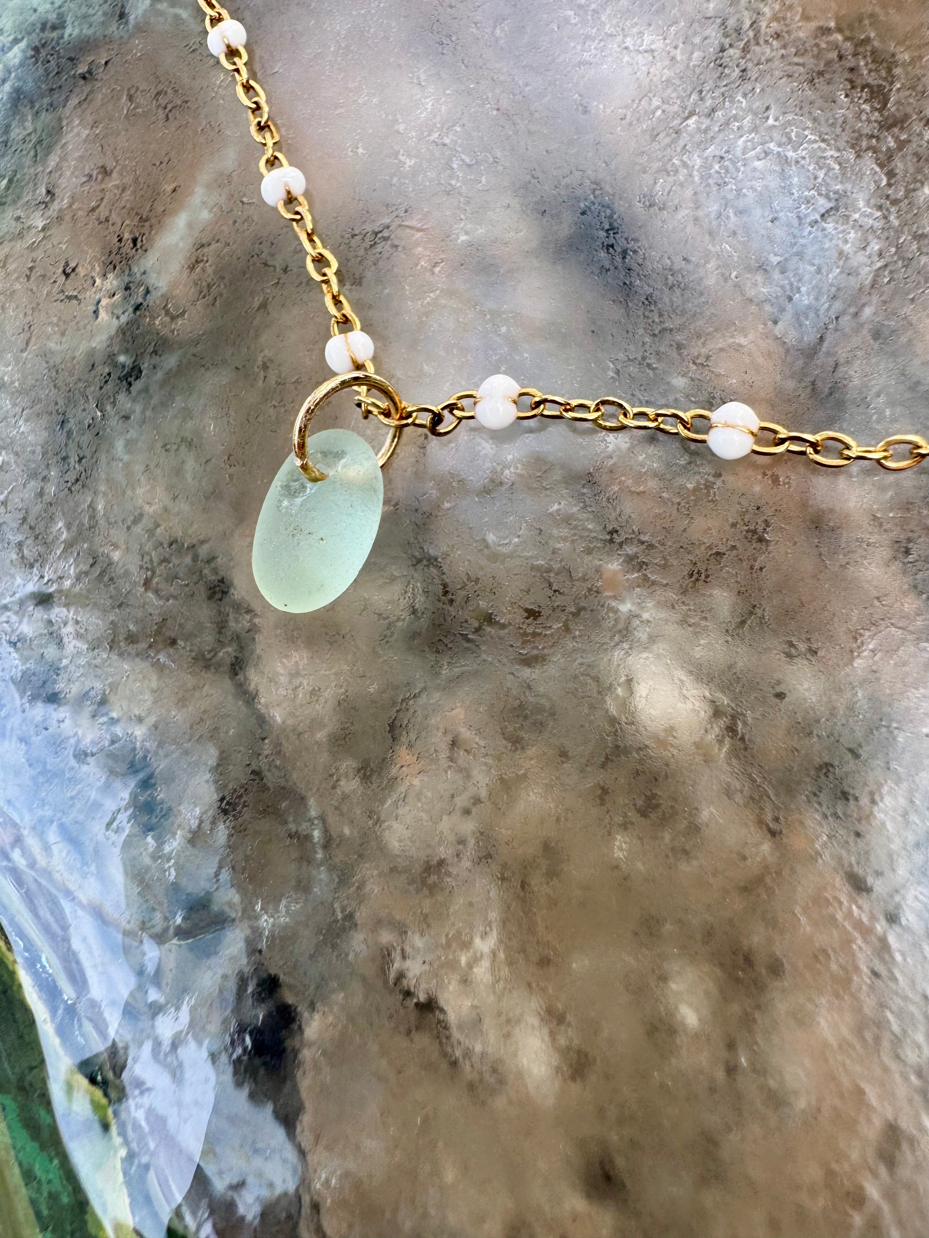 "3 Little Shells" Anklet featuring pale blue glass, brown baby cone shell and purple tinged cowry teeth