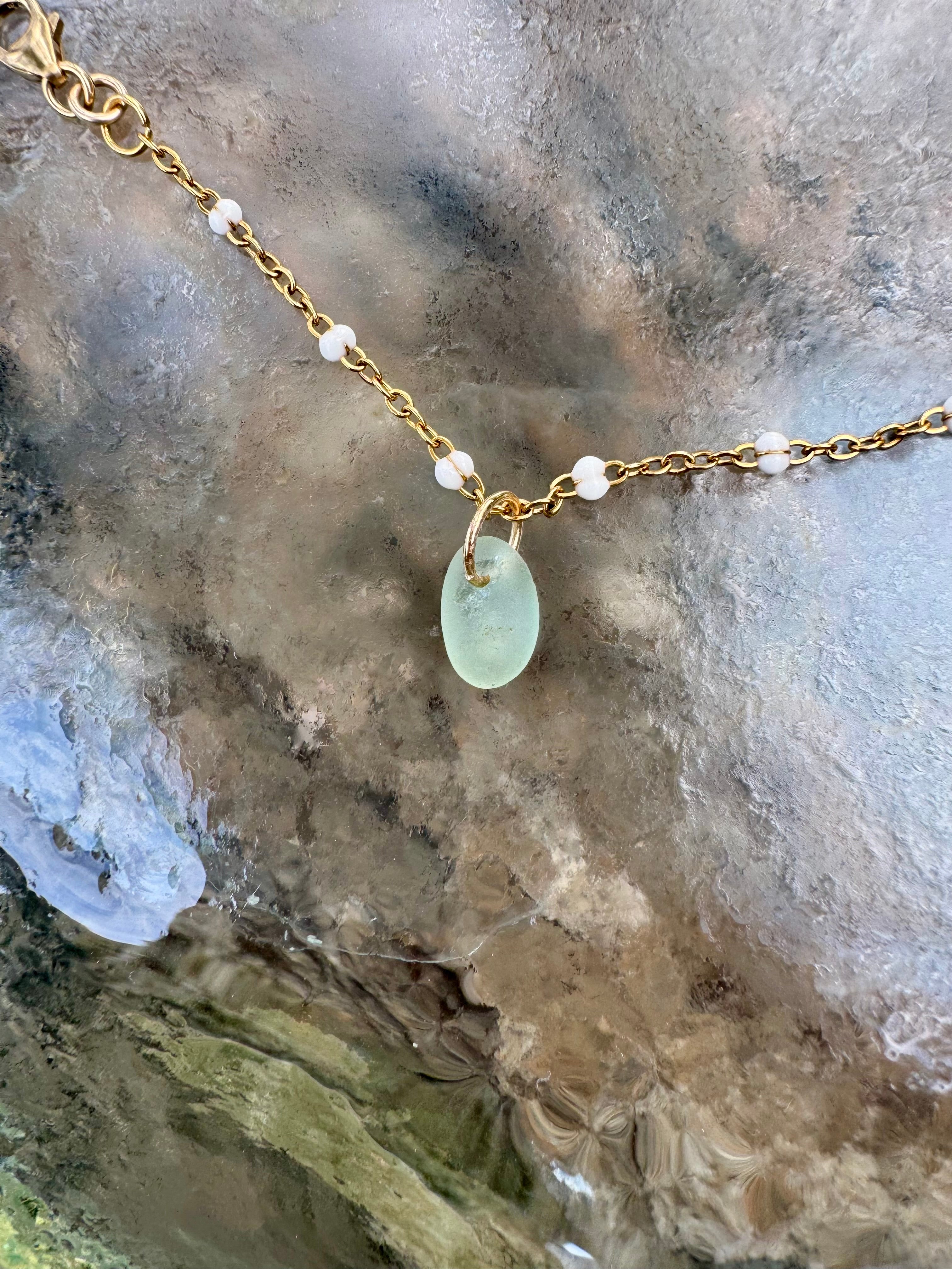 "3 Little Shells" Anklet featuring pale blue glass, brown baby cone shell and purple tinged cowry teeth