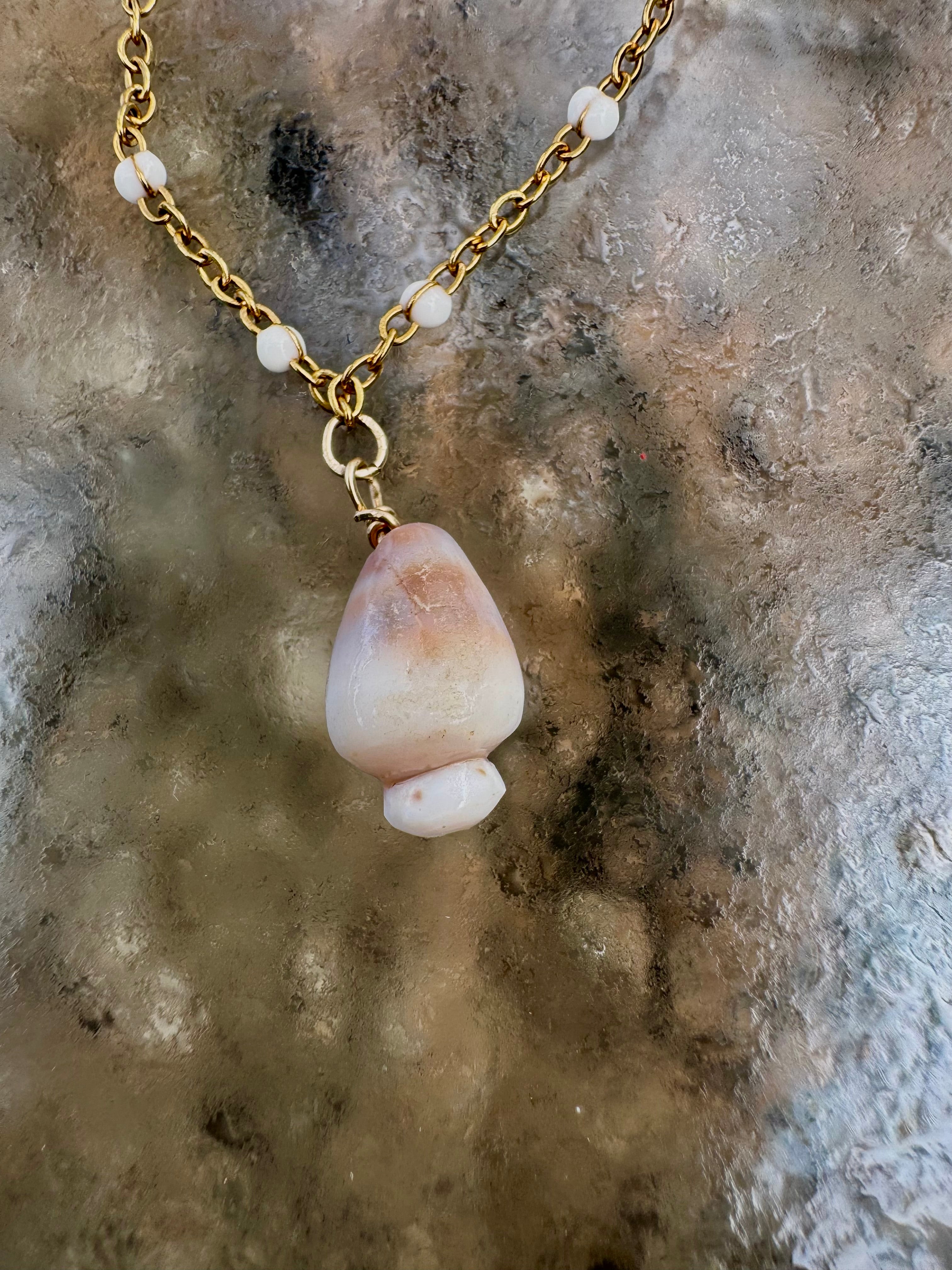 "3 Little Shells" Anklet featuring pale blue glass, brown baby cone shell and purple tinged cowry teeth