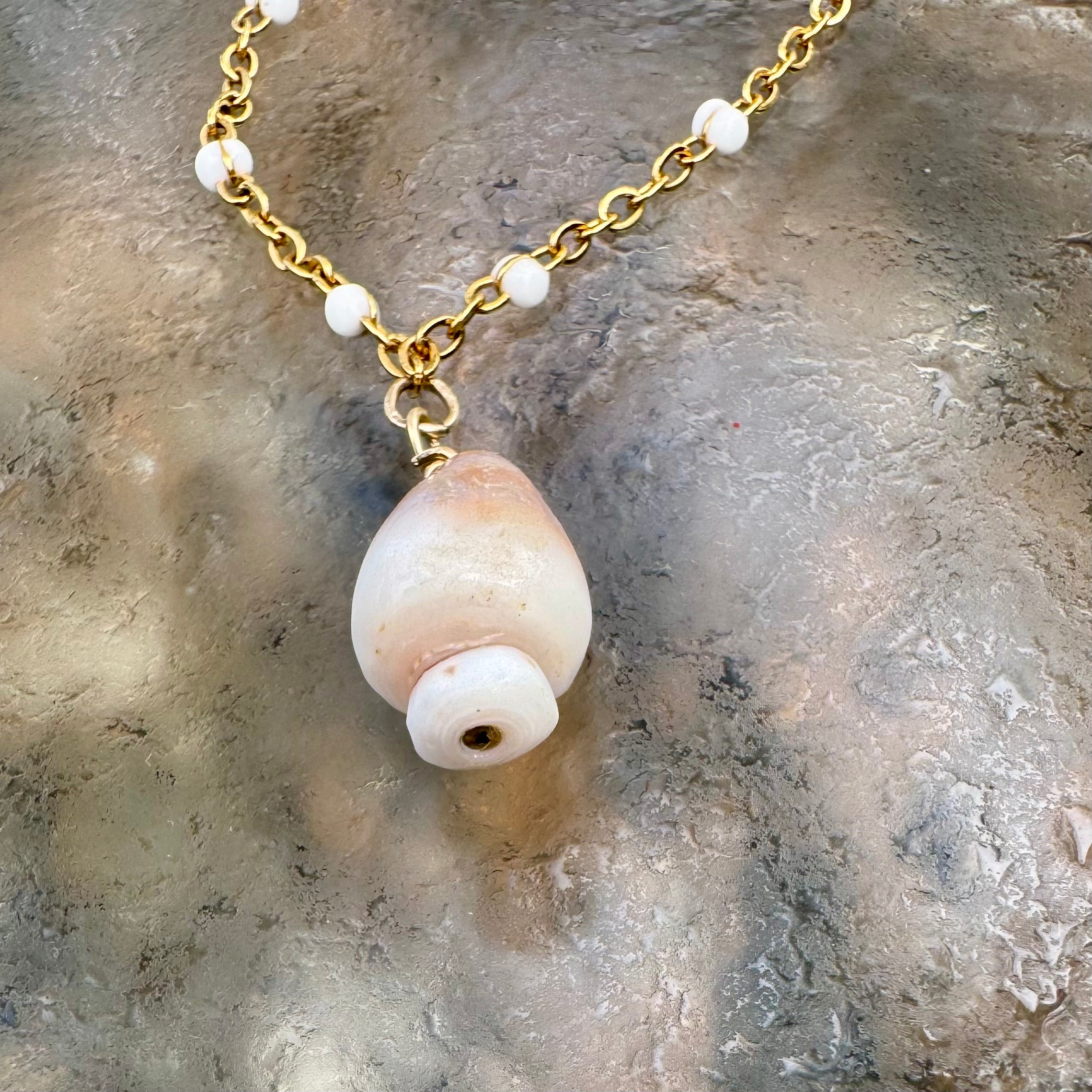 "3 Little Shells" Anklet featuring pale blue glass, brown baby cone shell and purple tinged cowry teeth