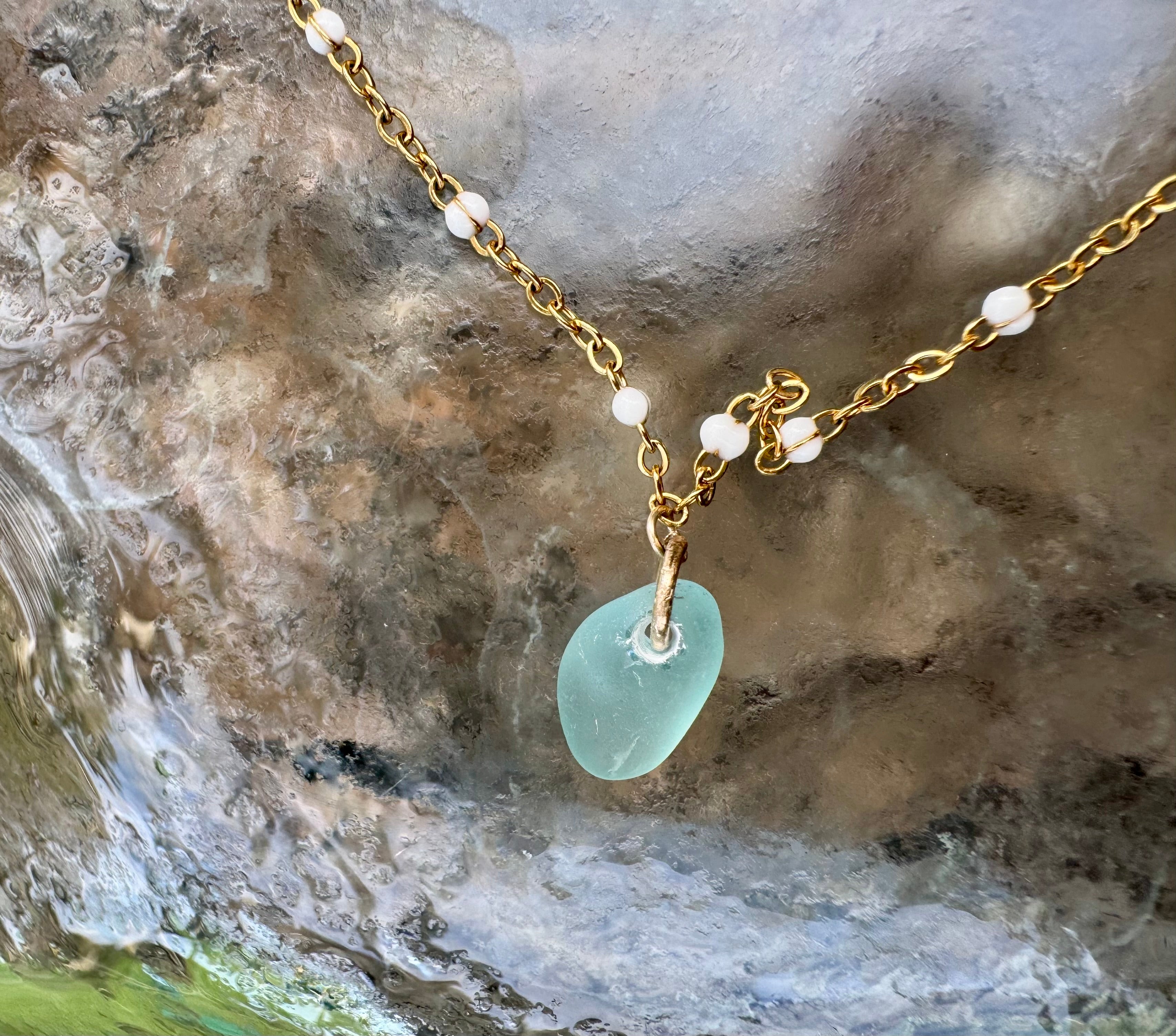 "3 Little Shells" Anklet featuring blue glass, baby purple cone shell and pink tinged cowry teeth