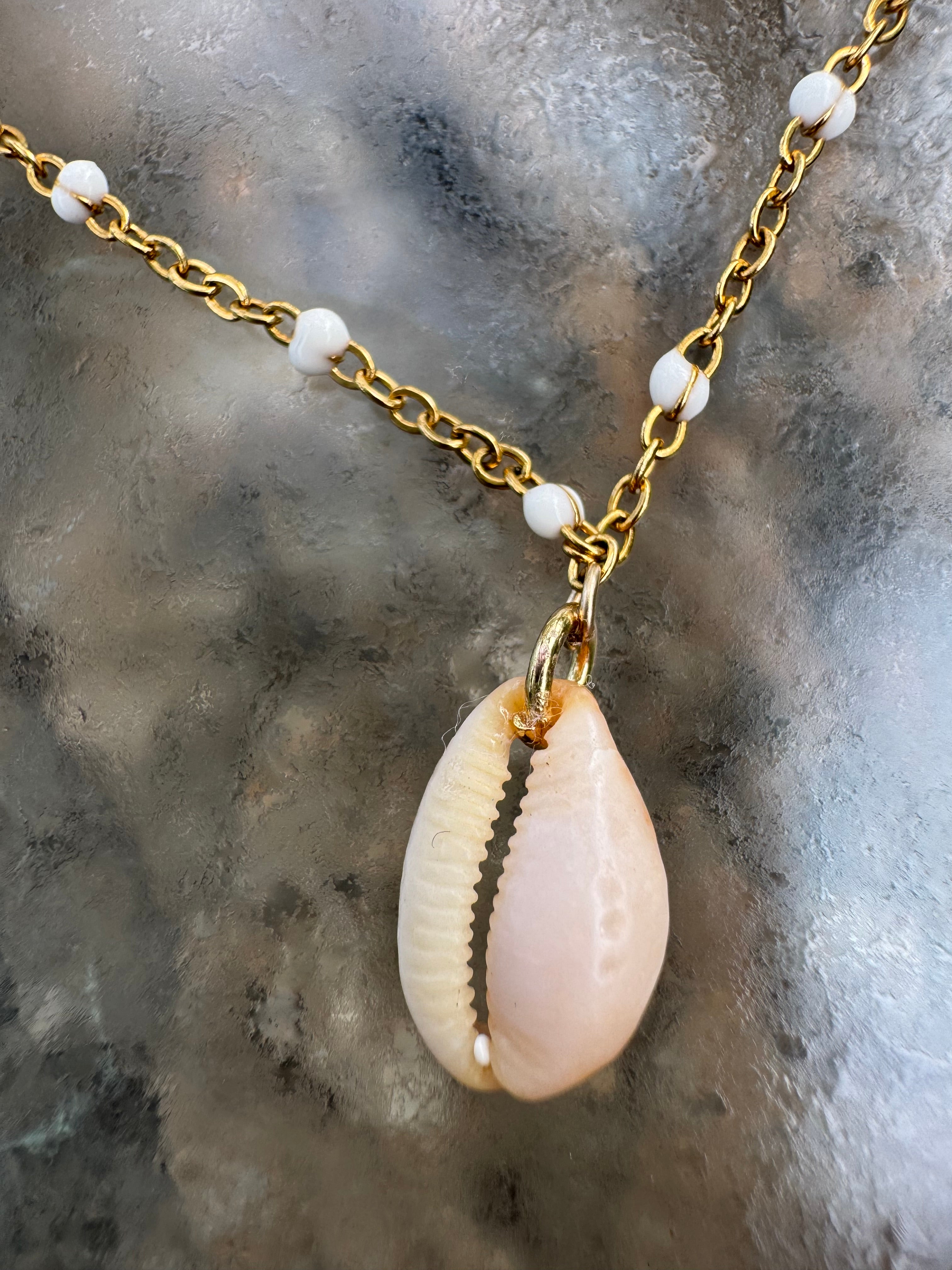 "3 Little Shells" Anklet featuring blue glass, baby purple cone shell and pink tinged cowry teeth