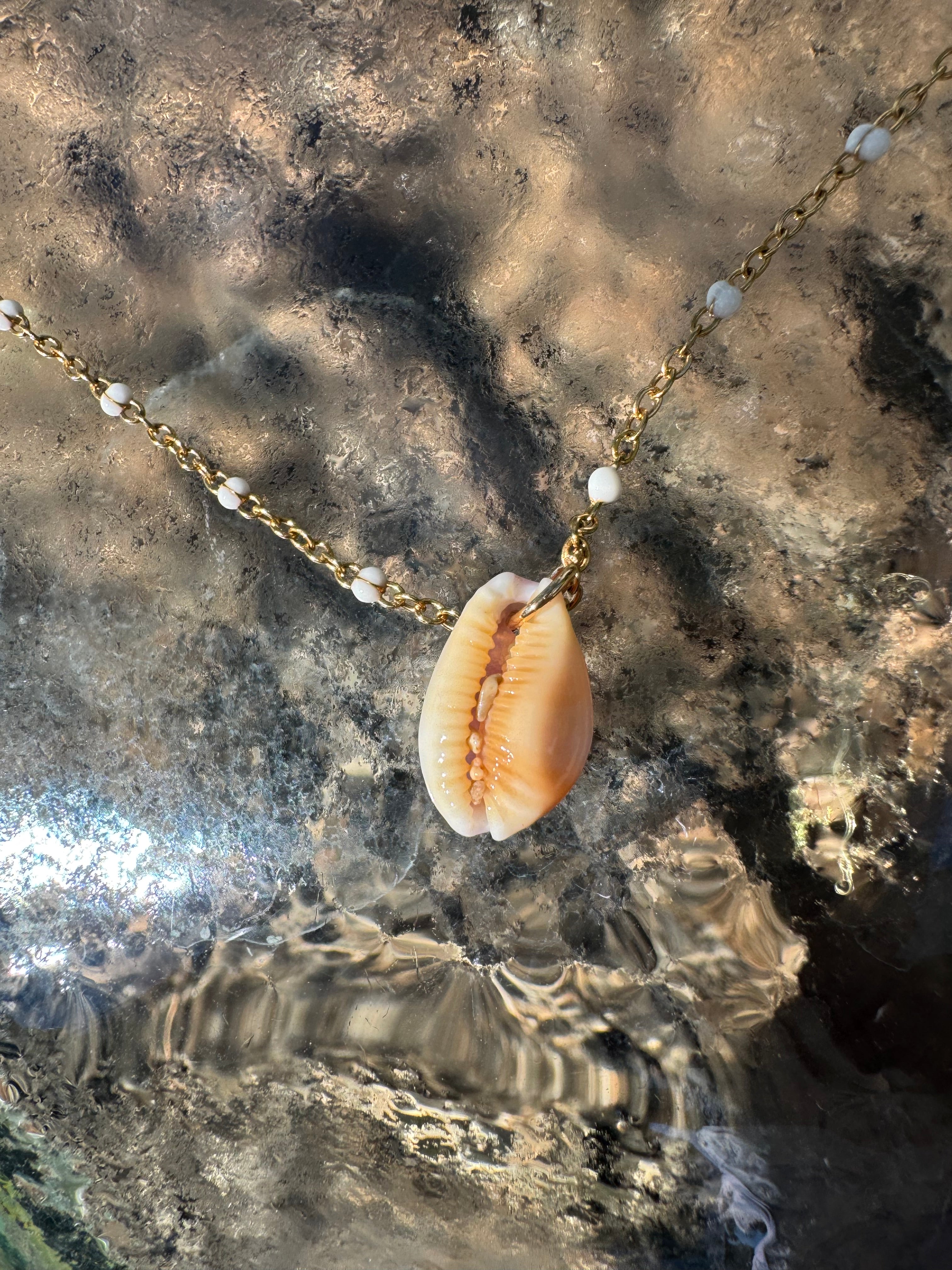 "3 Little Shells" Anklet featuring green glass, pink baby cowry and purple cone shell