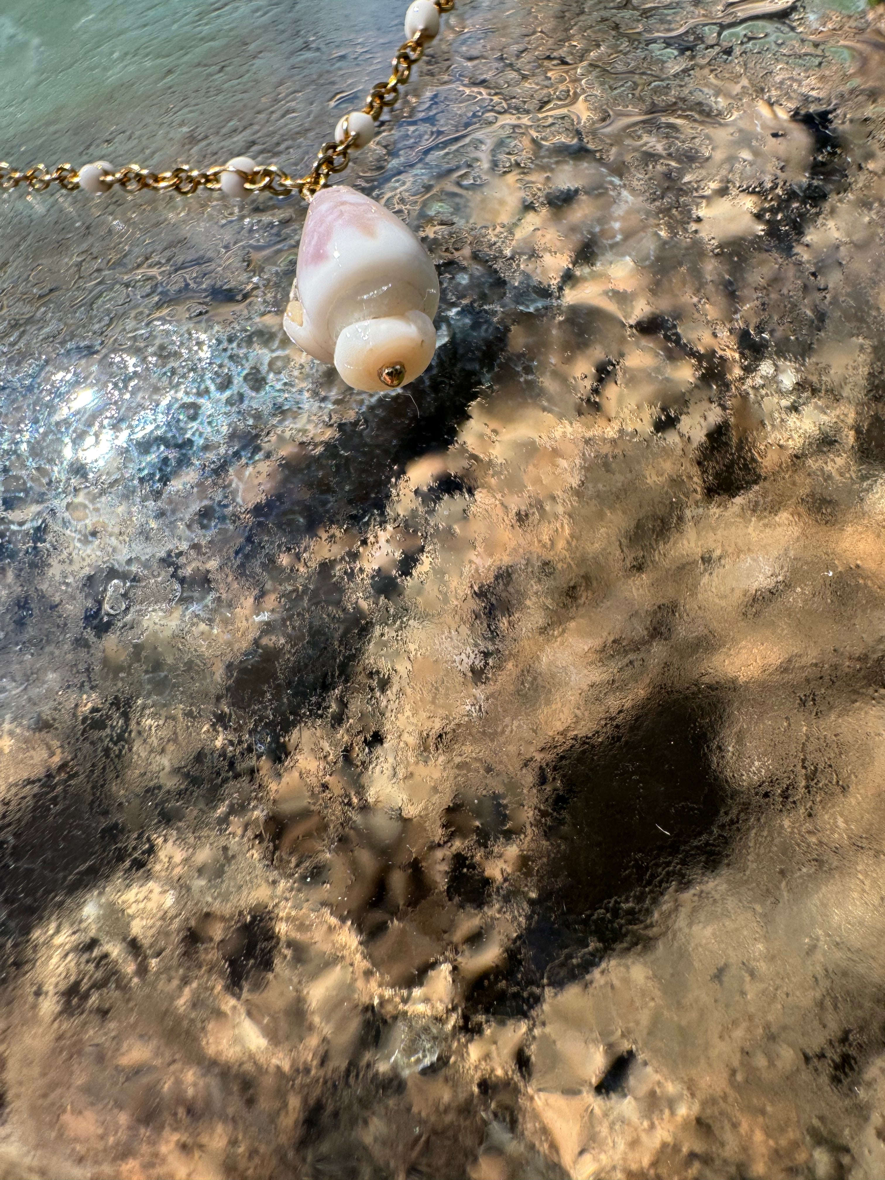 "3 Little Shells" Anklet featuring green glass, pink baby cowry and purple cone shell