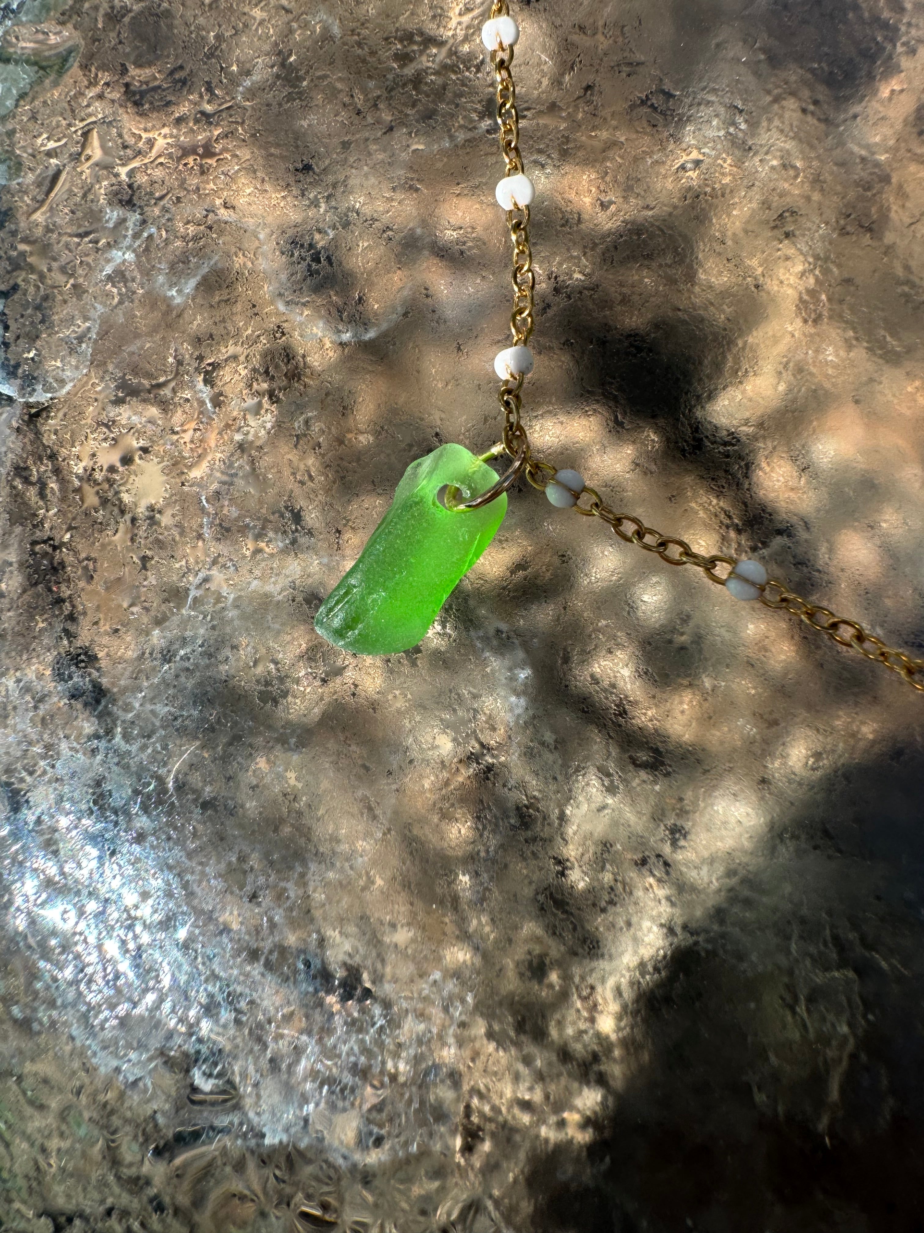 "3 Little Shells" Anklet featuring green glass, pink baby cowry and purple cone shell