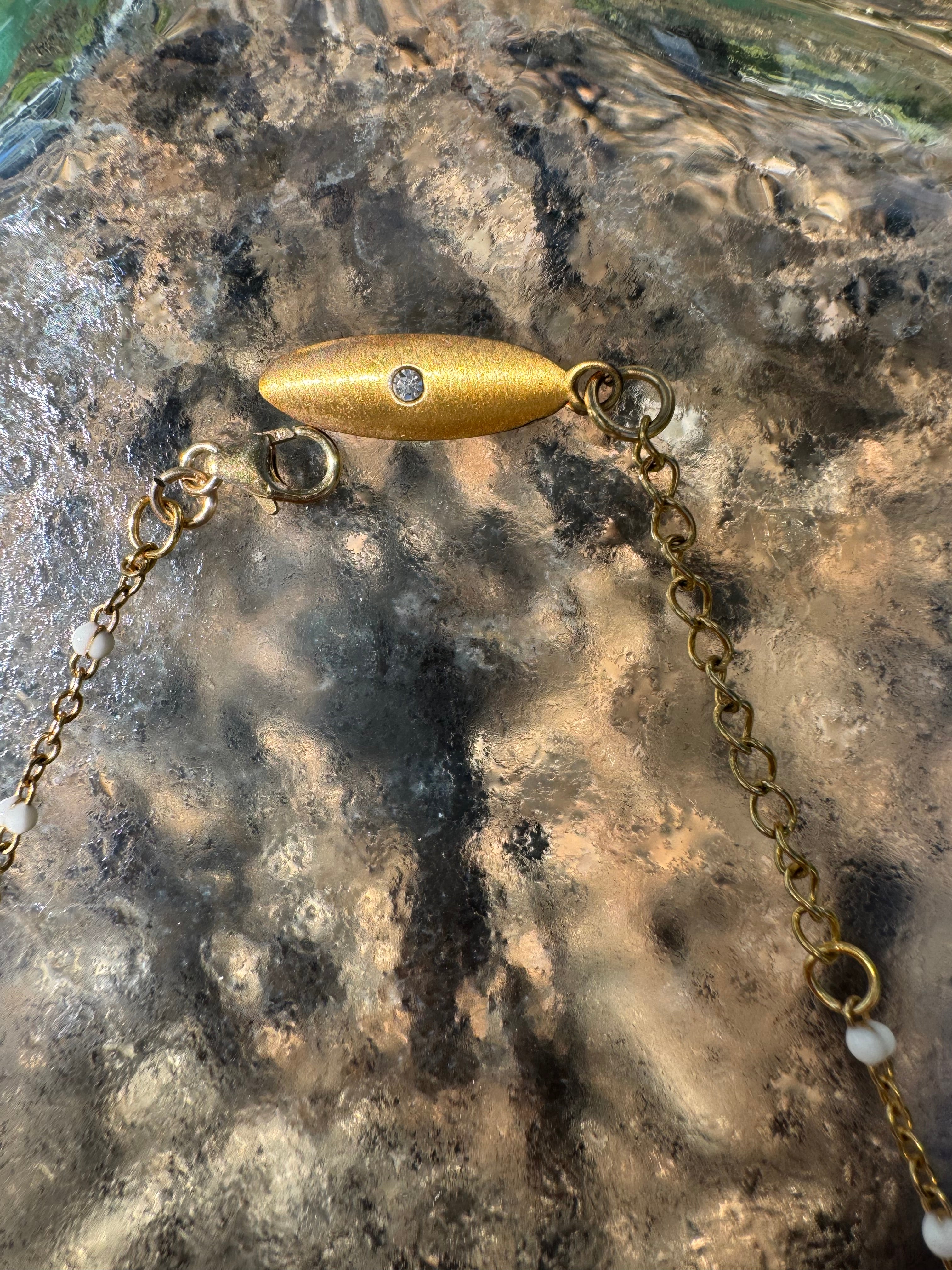 "3 Little Shells" Anklet featuring green glass, pink baby cowry and purple cone shell
