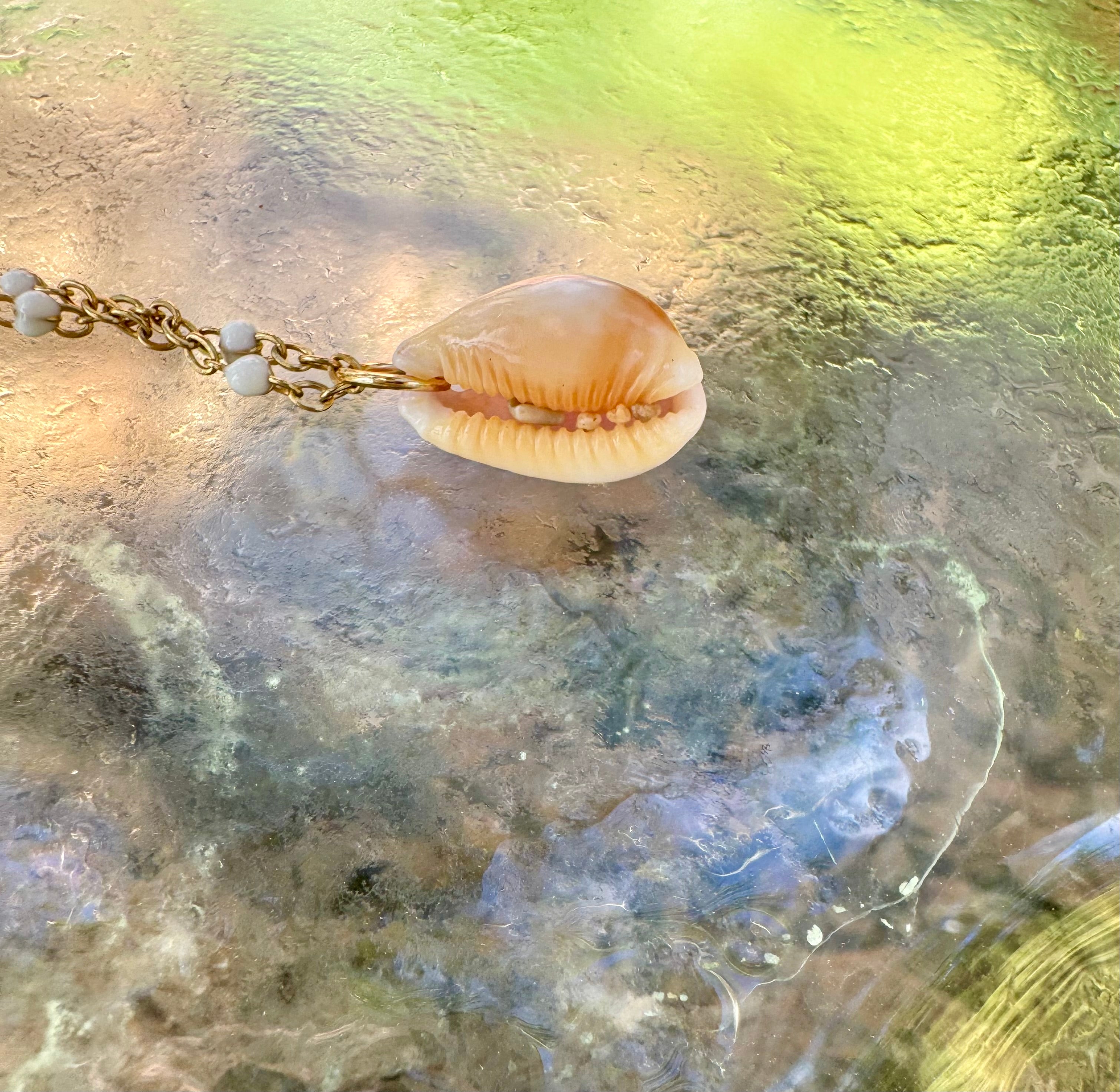"3 Little Shells" Anklet featuring green glass, pink baby cowry and purple cone shell