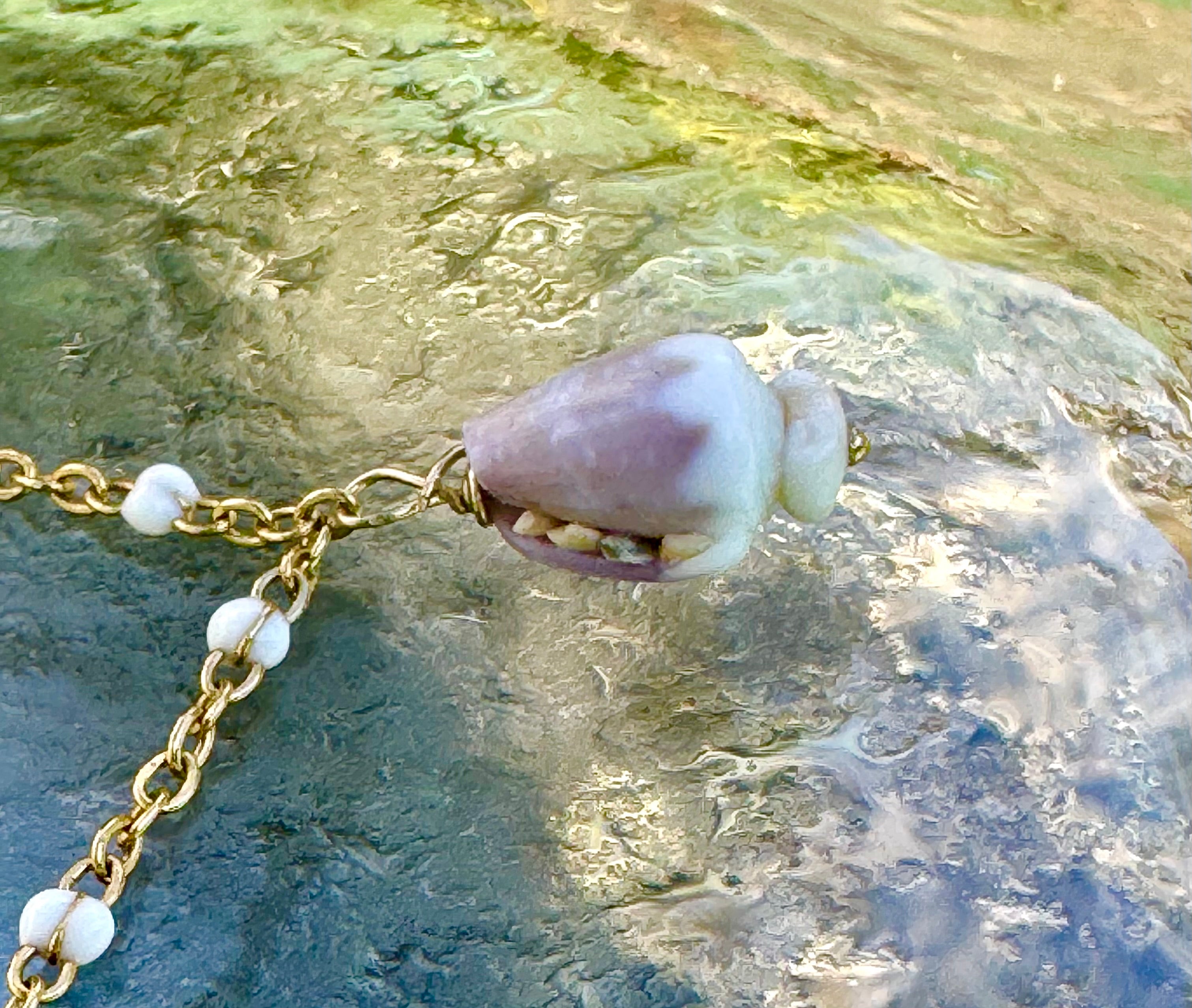 "3 Little Shells" Anklet featuring green glass, pink baby cowry and purple cone shell