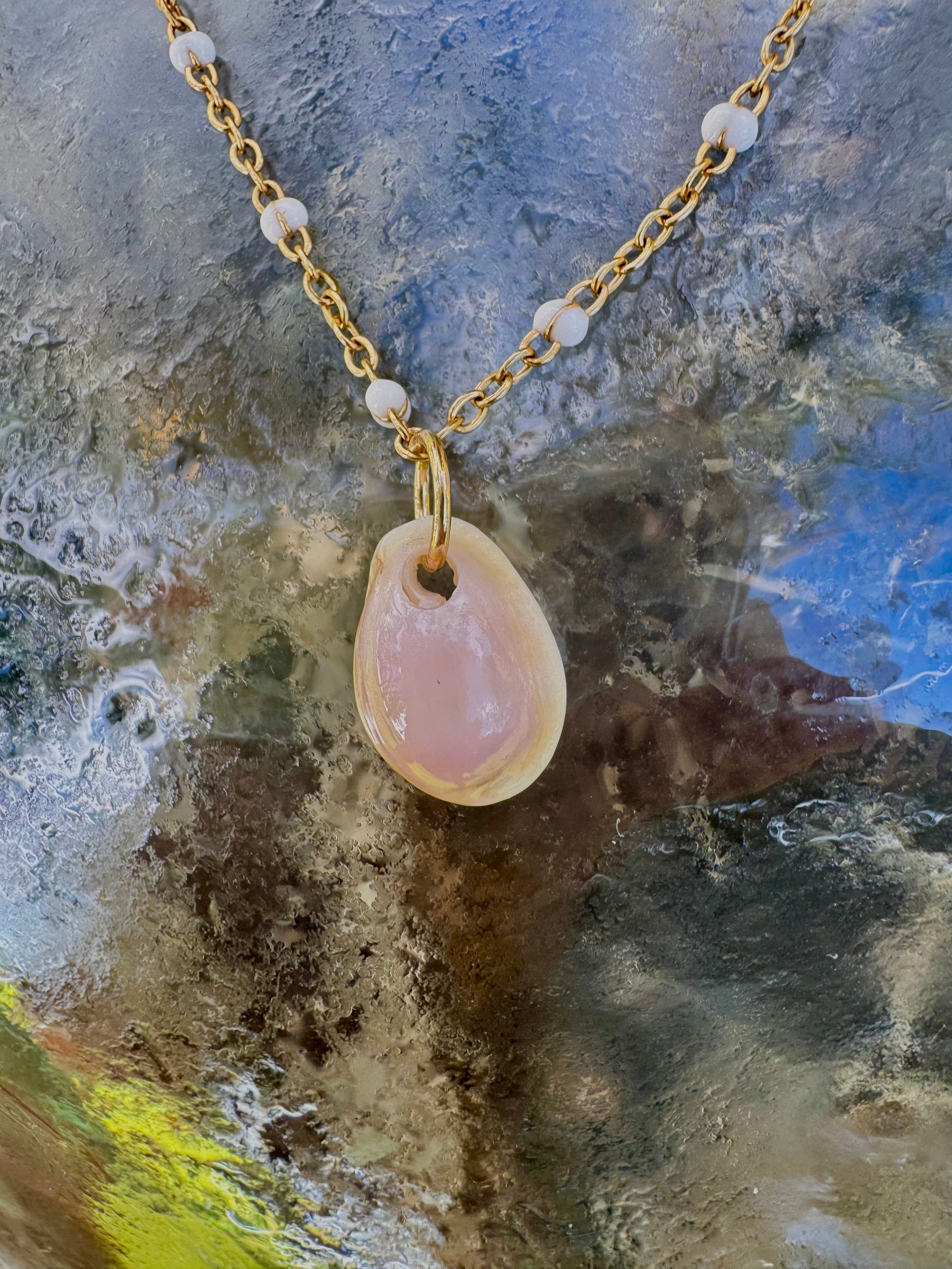 "3 Little Shells" Anklet featuring Blue-green glass, baby brown cone shell and baby honey cowry