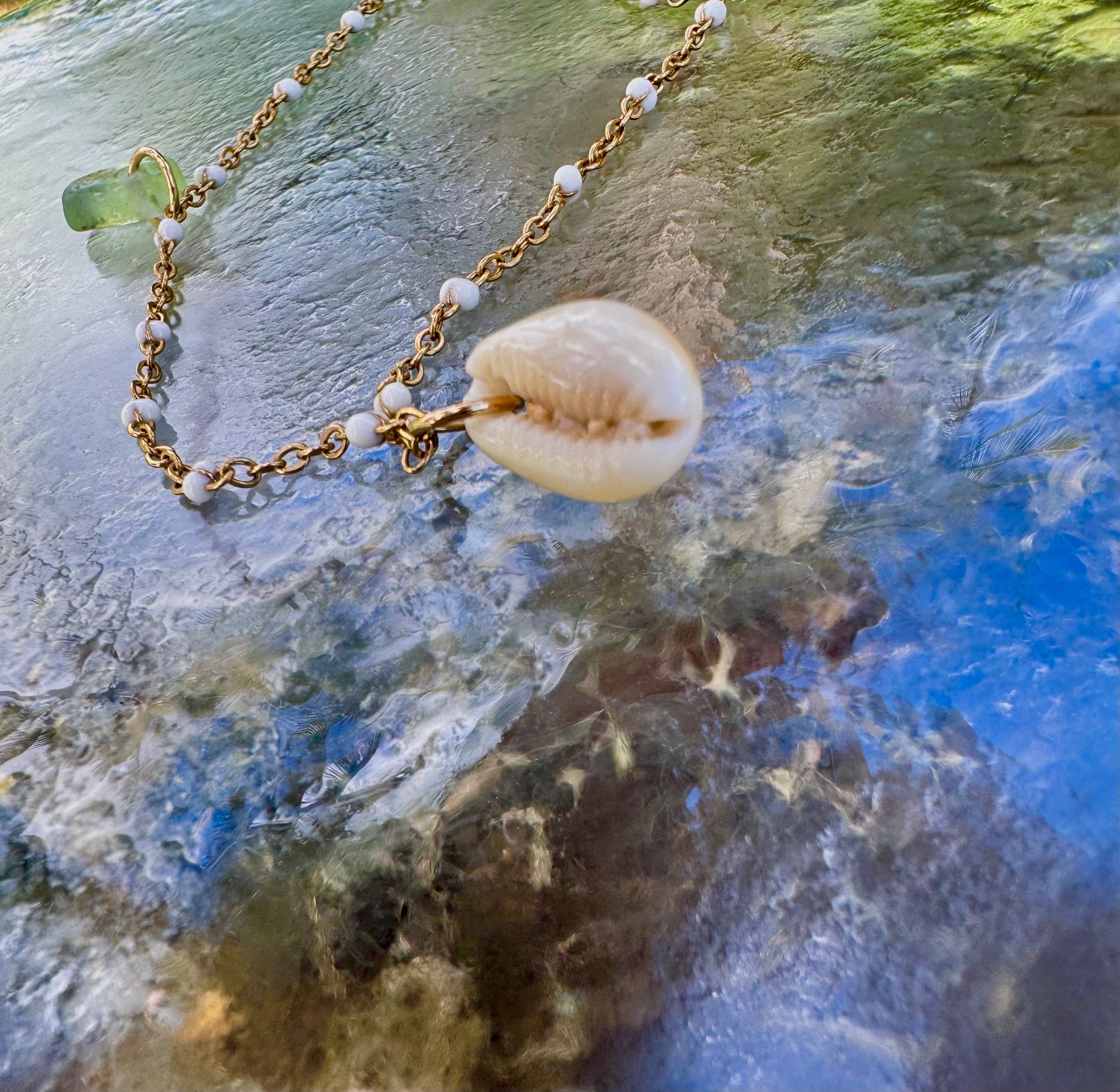 "3 Little Shells" Anklet featuring Blue-green glass, baby brown cone shell and baby honey cowry