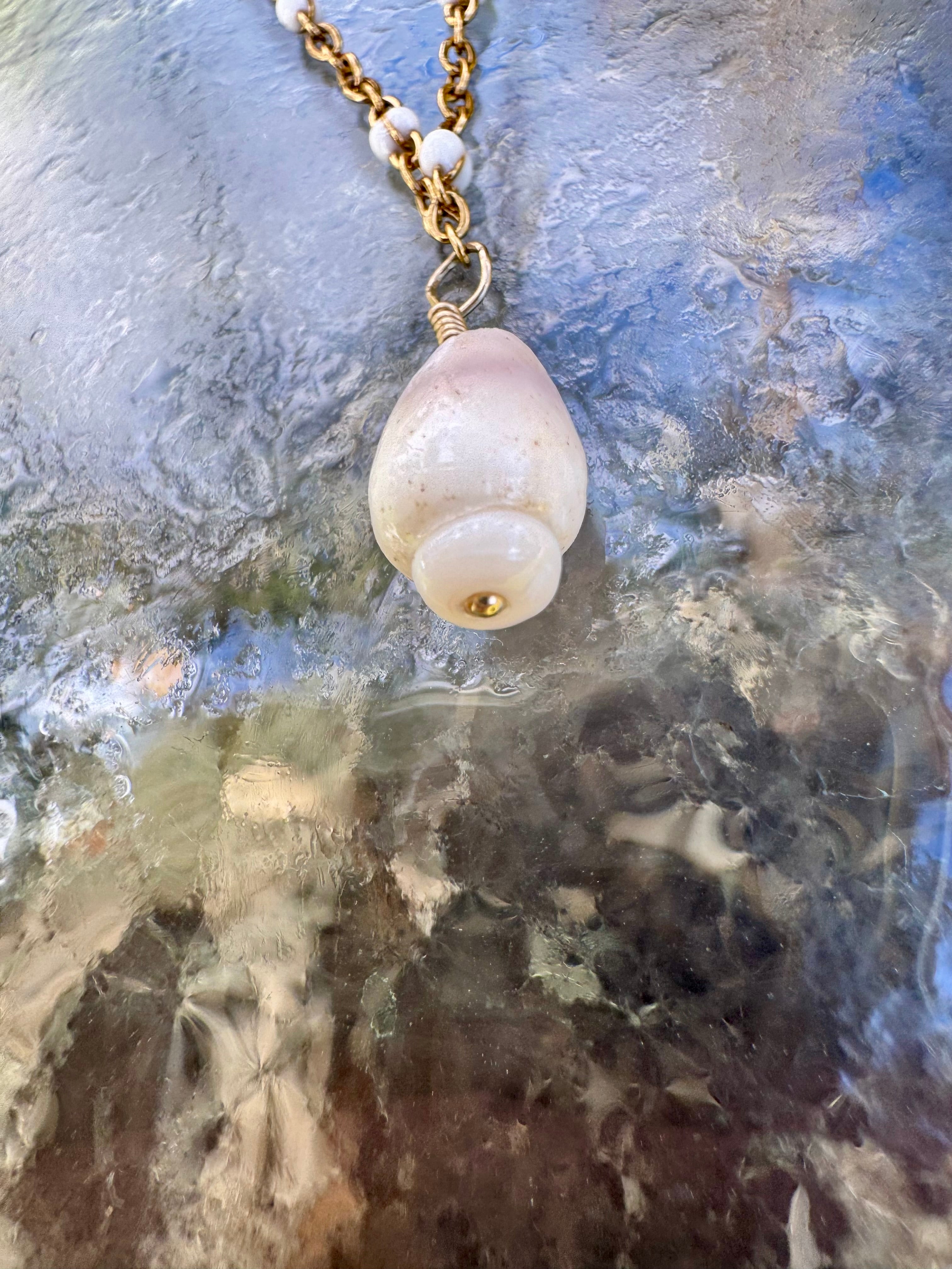 "3 Little Shells" Anklet featuring Blue-green glass, baby brown cone shell and baby honey cowry