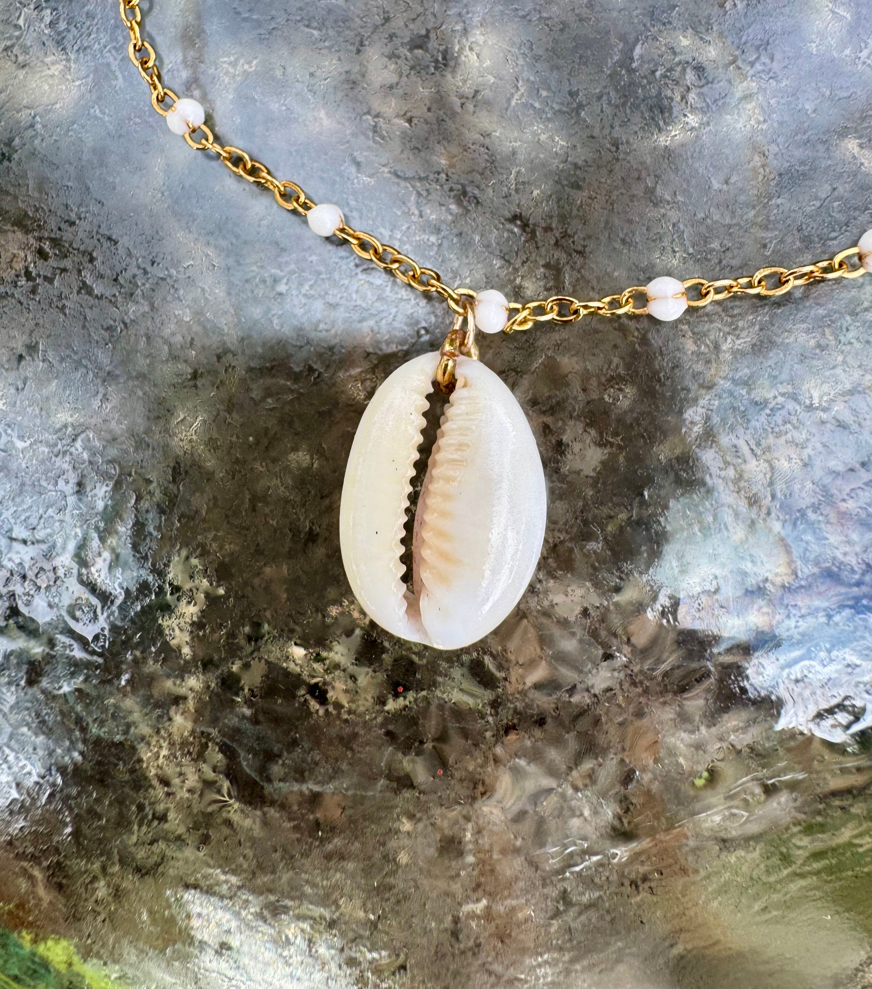 "3 Little Shells" Anklet featuring bright blue glass, baby purple cone shell and pale cream cowry