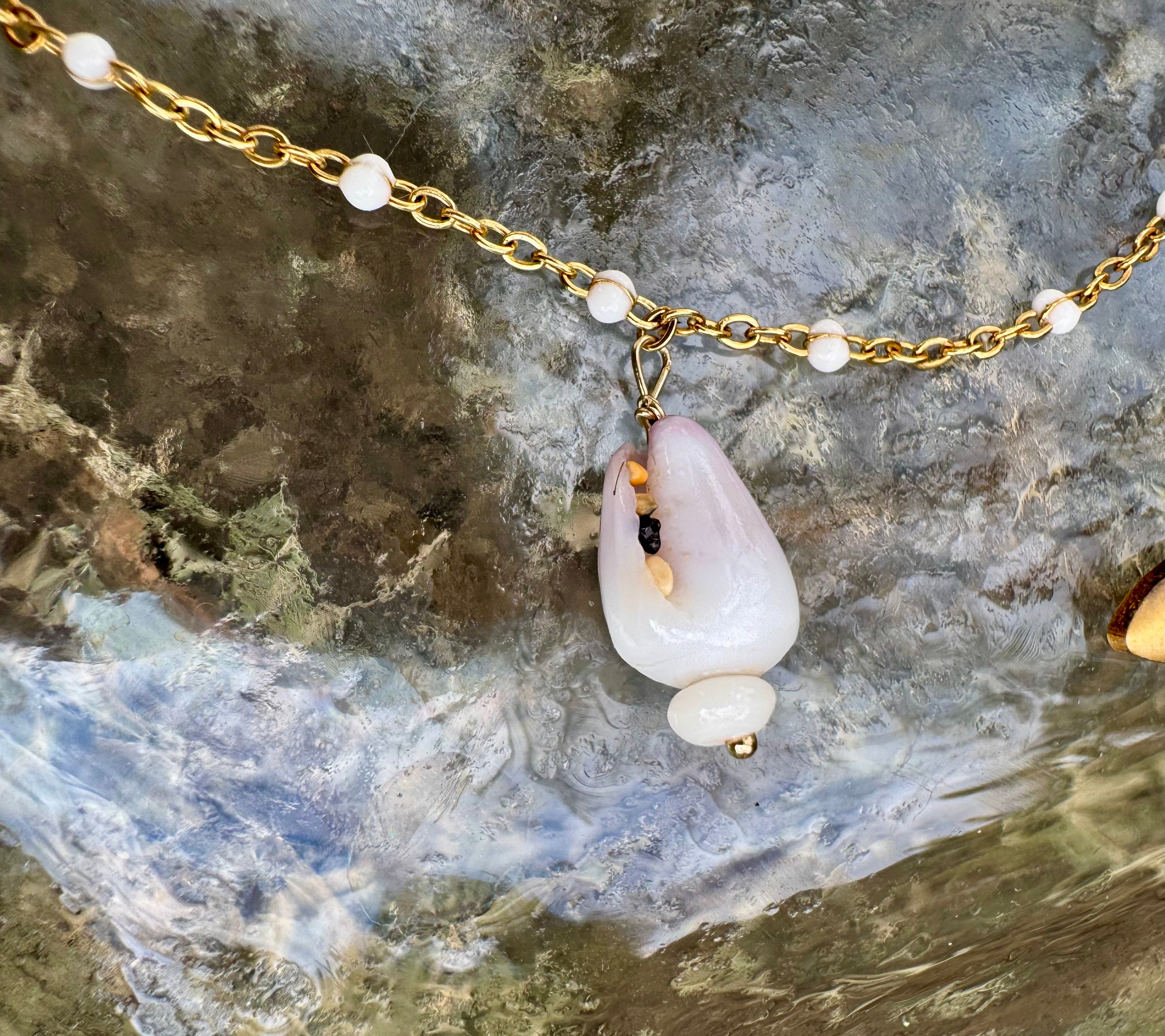 "3 Little Shells" Anklet featuring bright blue glass, baby purple cone shell and pale cream cowry