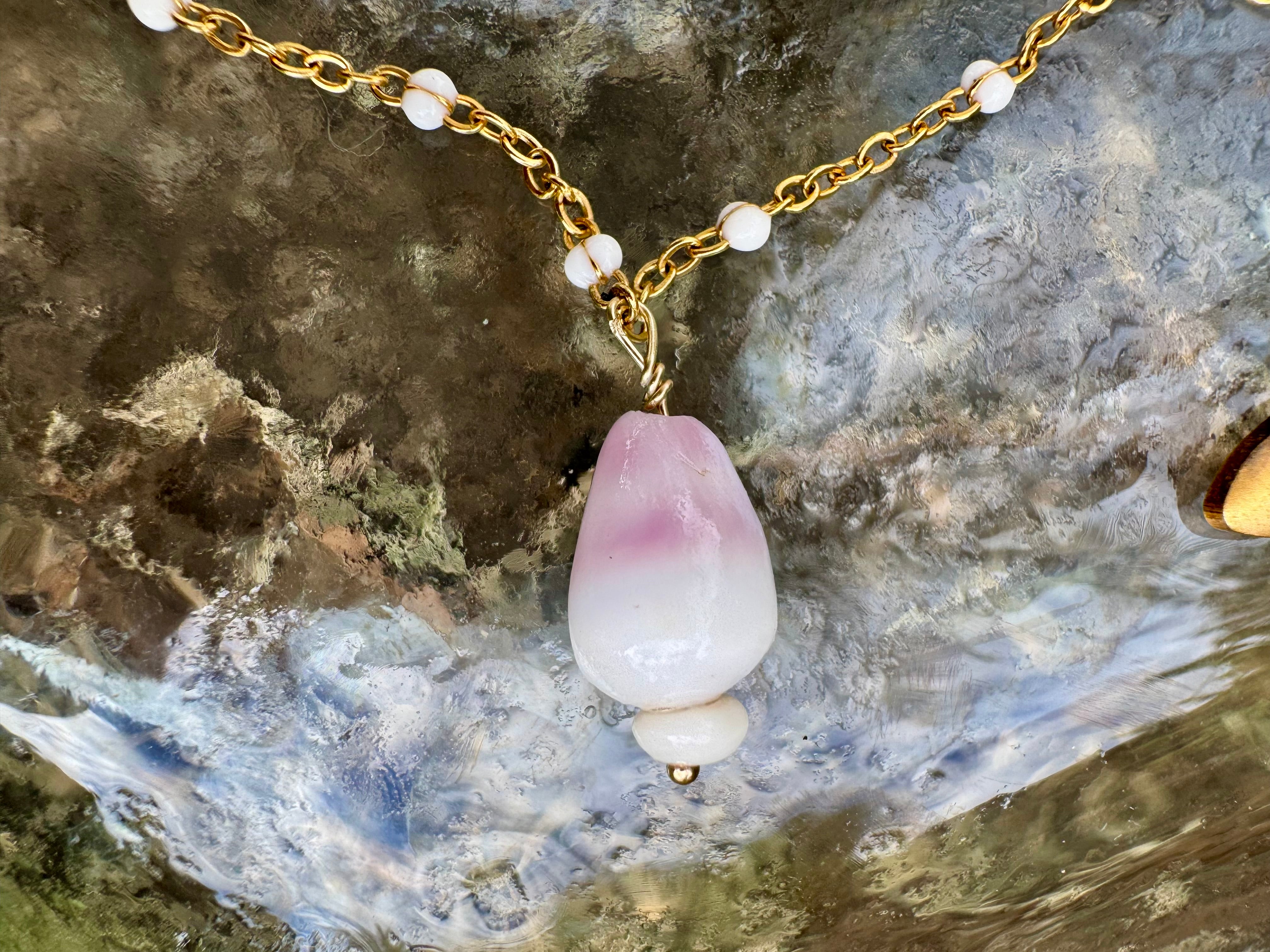 "3 Little Shells" Anklet featuring bright blue glass, baby purple cone shell and pale cream cowry