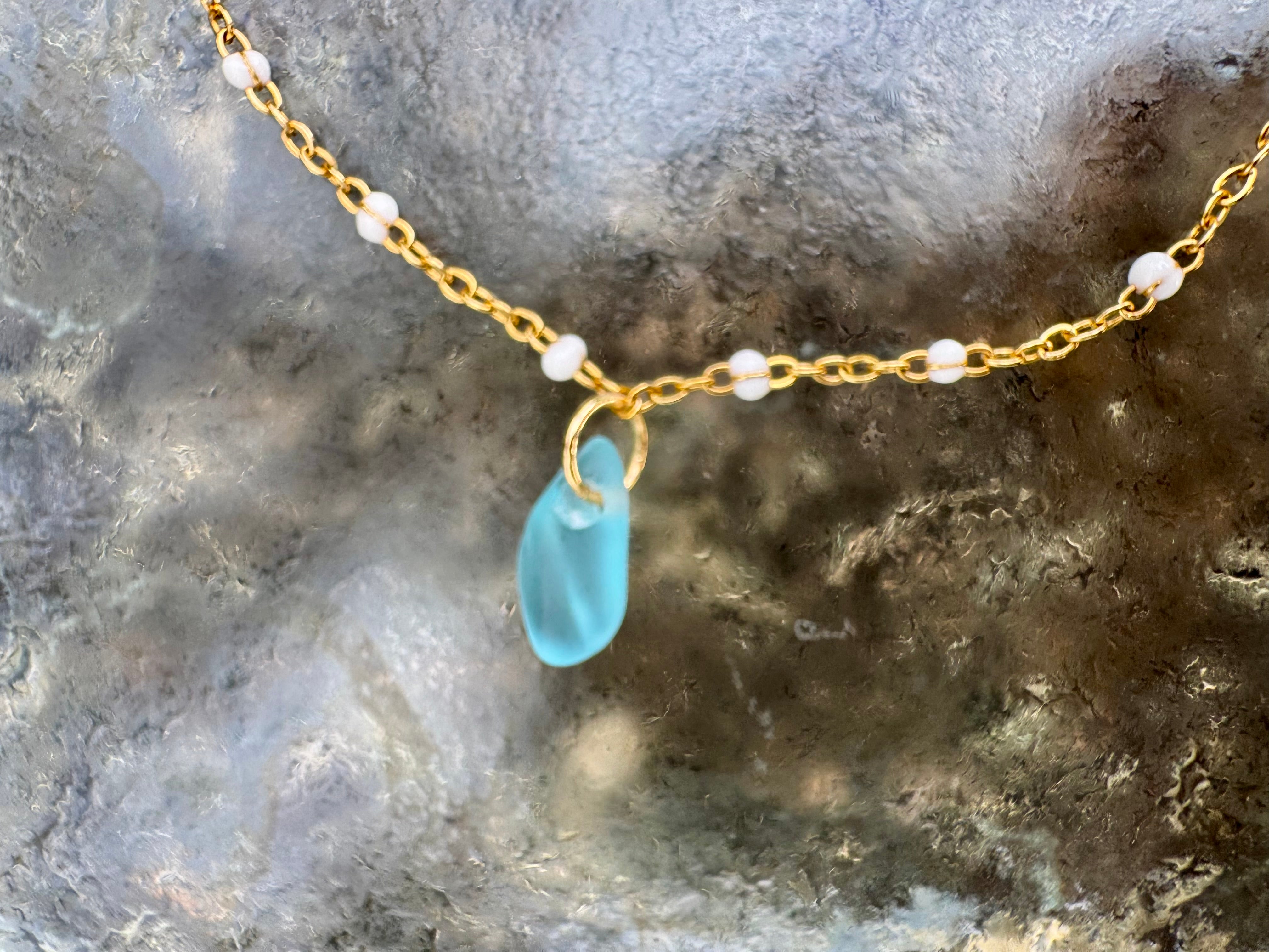 "3 Little Shells" Anklet featuring bright blue glass, baby purple cone shell and pale cream cowry
