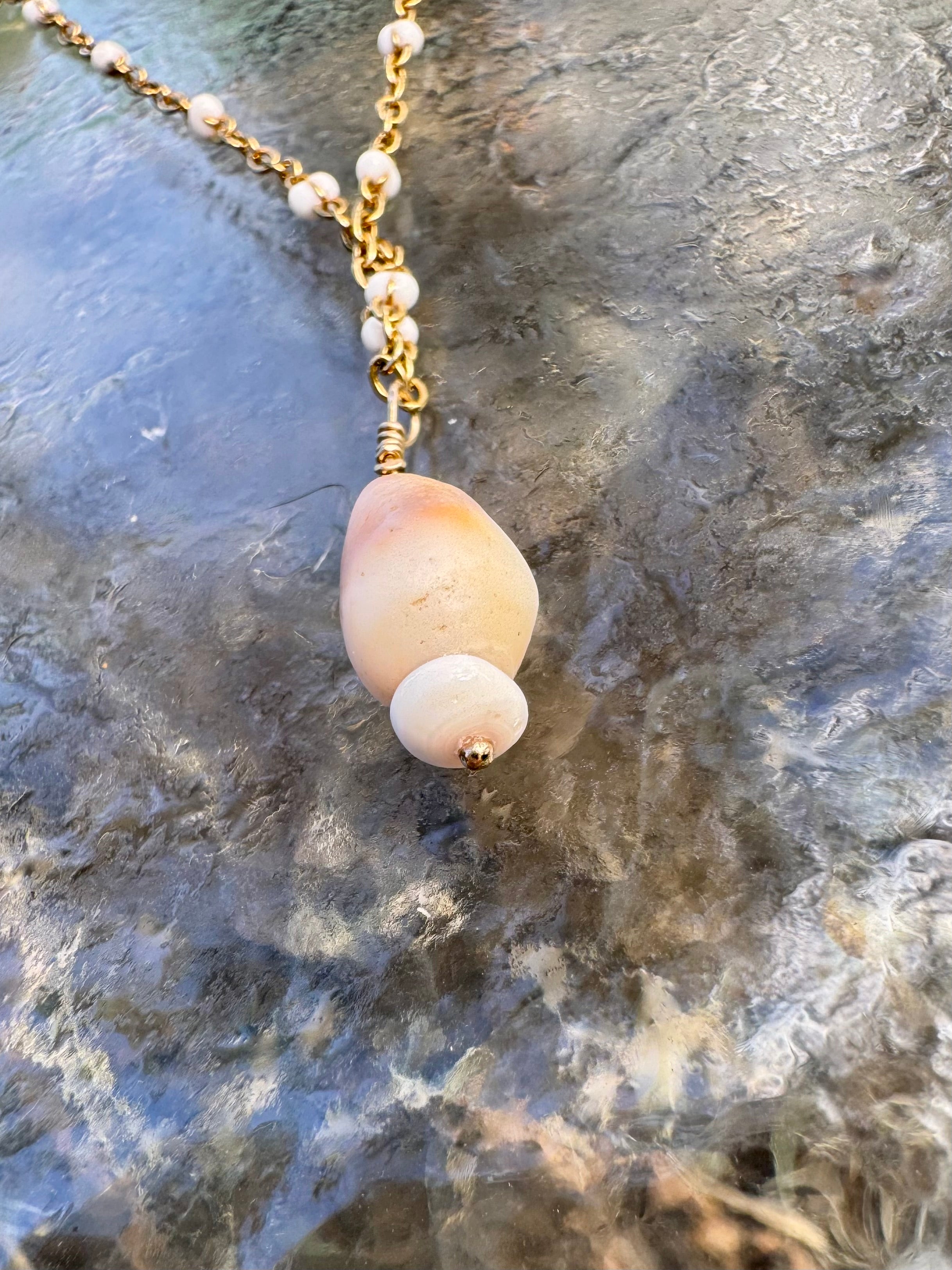 Three Little Shells Anklet or bracelet: Arctic Blue Glass, Brown Cone & Honey Cowry Shell