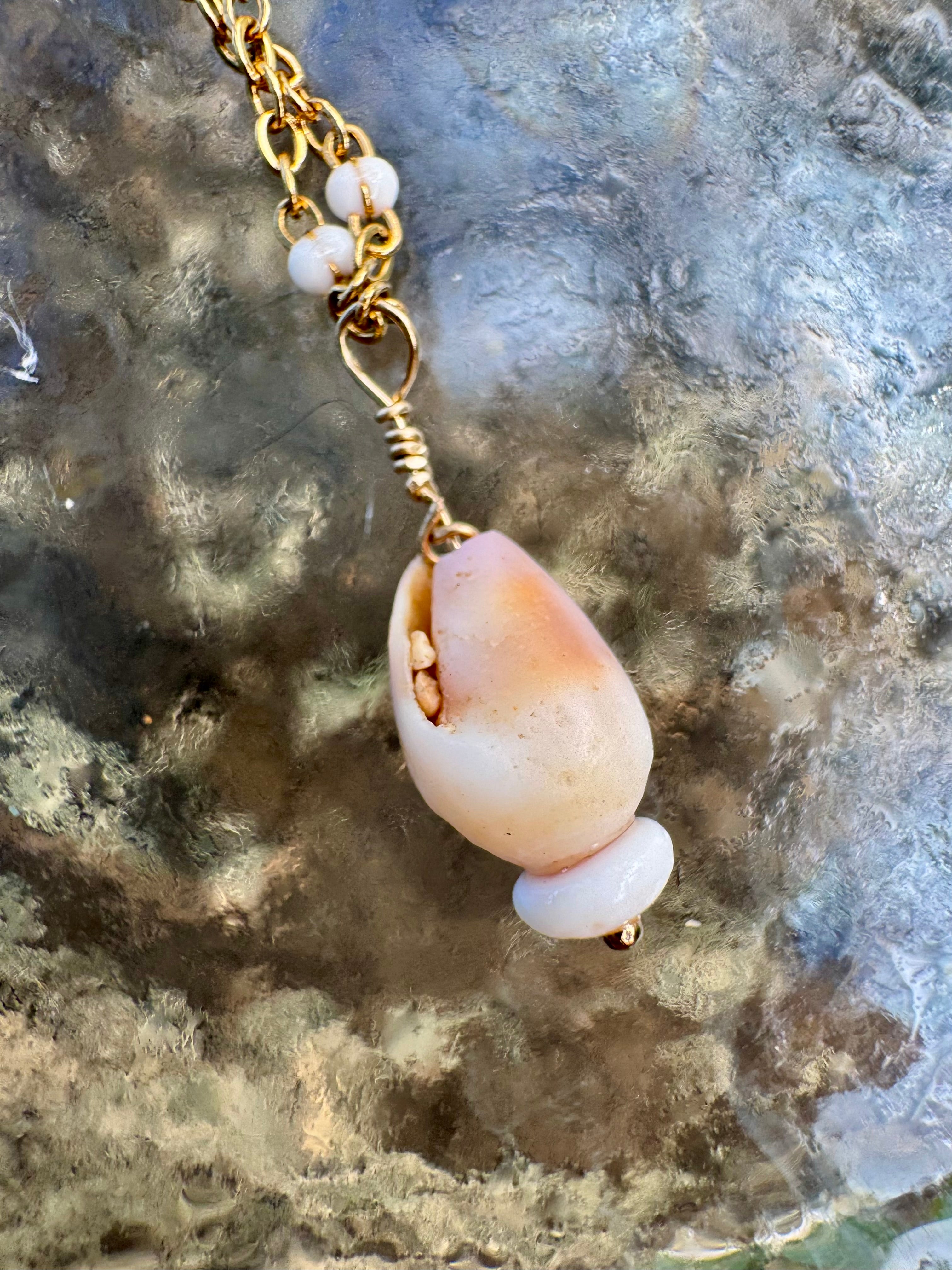 Three Little Shells Anklet or bracelet: Arctic Blue Glass, Brown Cone & Honey Cowry Shell