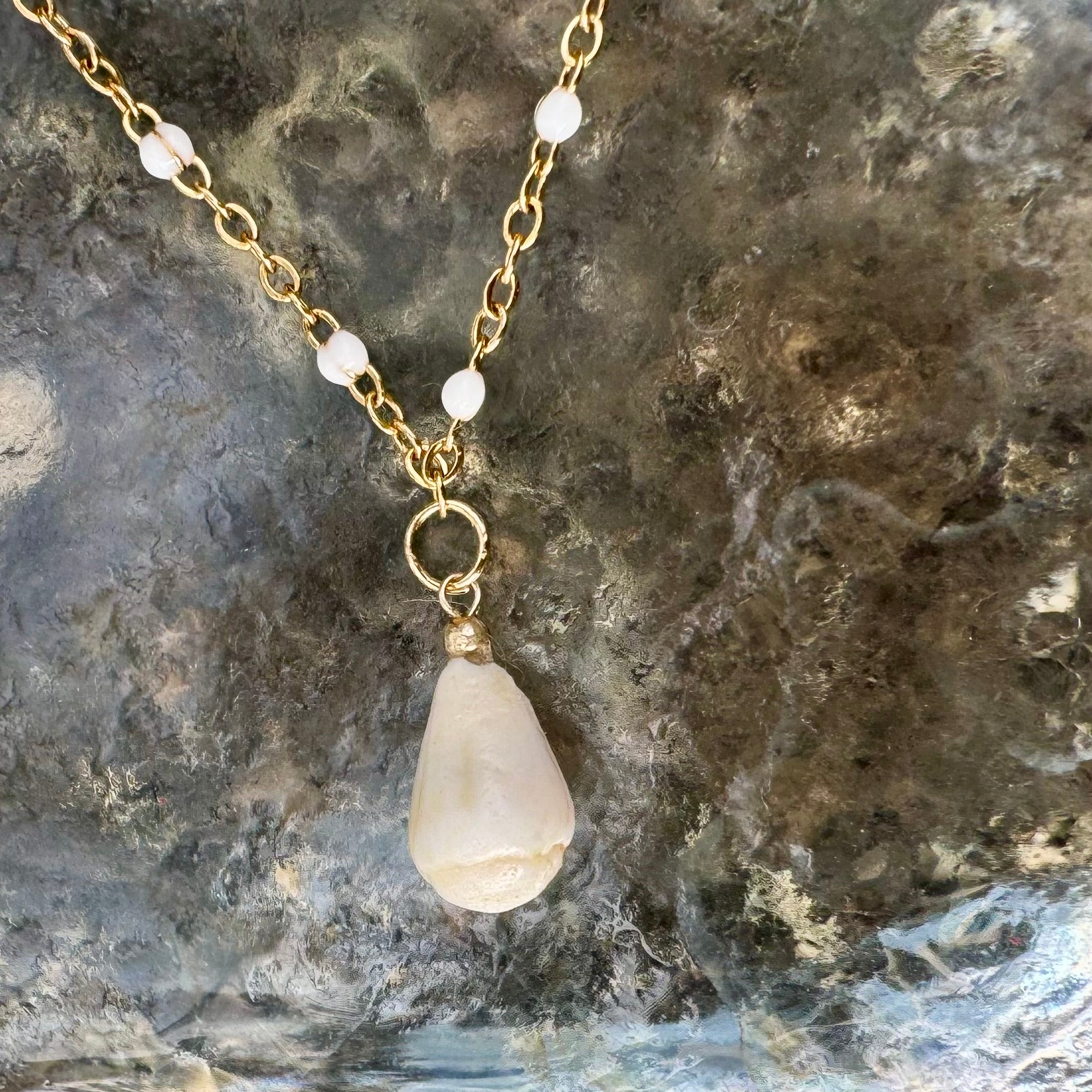 Three Little Shells Anklet or bracelet: White Cone, Olive Glass & Pink Cowry